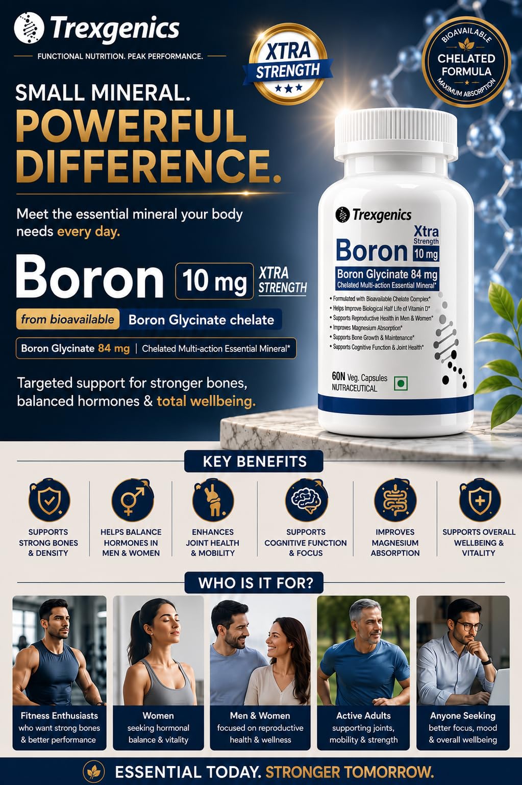 Trexgenics Boron 10 mg XTRA STRENGTH from Boron Glycinate Multi-action Mineral, Bone, Cognitive Function, Reproductive & Joint Health ((60 Veg Capsules) 3