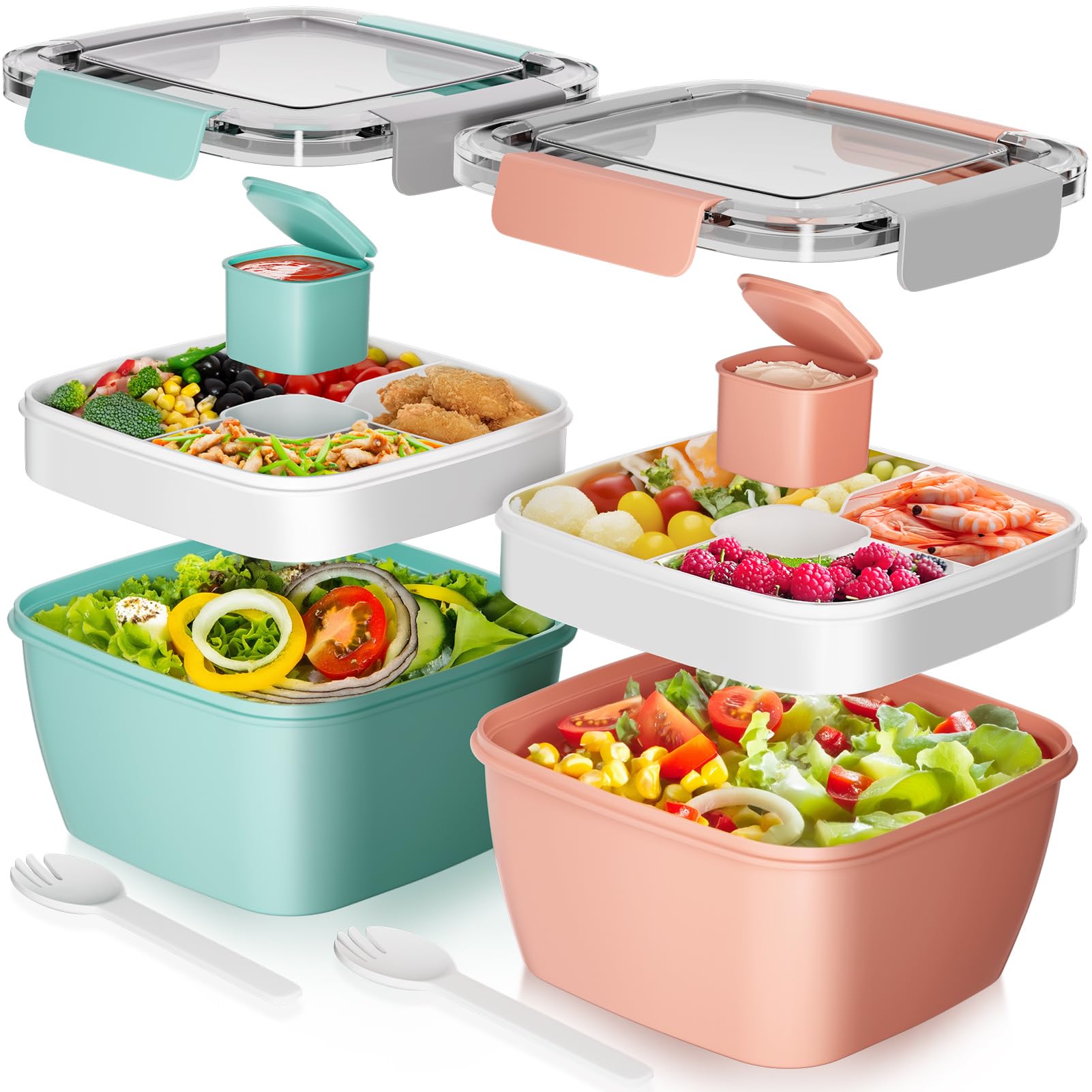 Cherrysea Contenedor de almuerzo para ensalada, paquete de 2 cuencos de ensalada con bandeja de 3 compartimentos, lonchera a prueba de fugas con tenedor para hombres, mujeres, contenedor de aperitivos