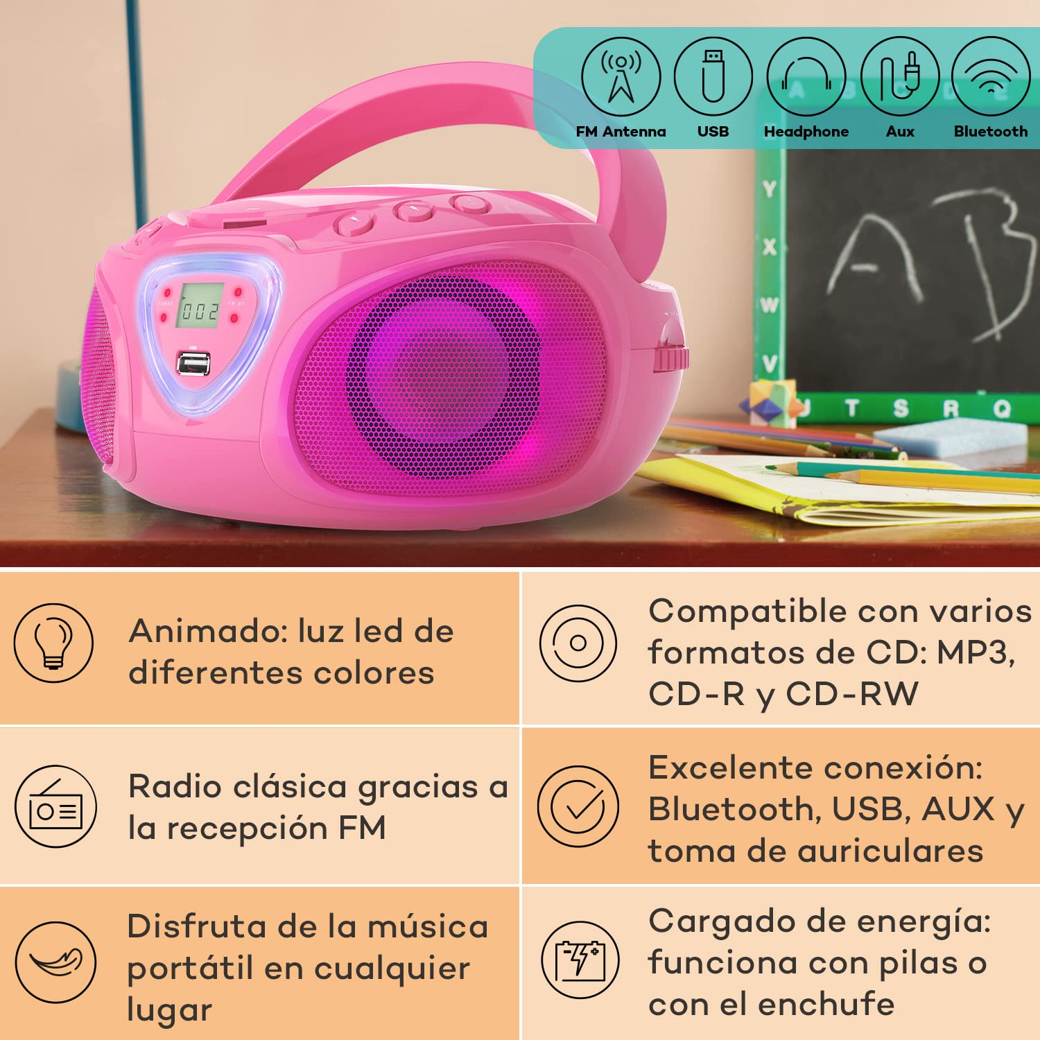Auna Radio Portatil Pequeña con CD para Casa de 3W, Boombox FM+ Radio con Bluetooth + AUX Sonido Estéreo, Pantalla LED y Luces, con Asa, Transistores Radio Digital con USB, MP3, Carga Eléctrica