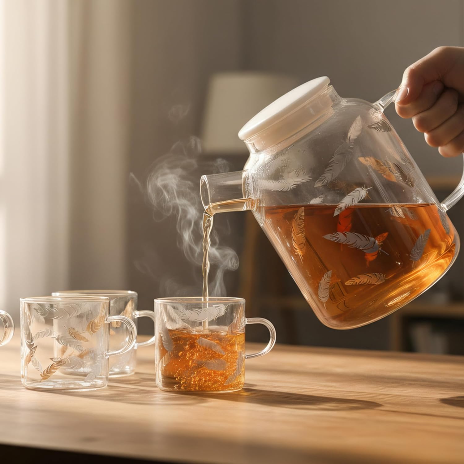 QUANSHNAGJU 5 Piece Glass Tea Pot Set, Golden Maple Leaf Pattern Glass Teapot 25.4oz 750ml With 4 Cups 5.4oz 160ml Stovetop Safe Teapot For Loose Leaf Tea, Perfct As Tea Gift Sets.