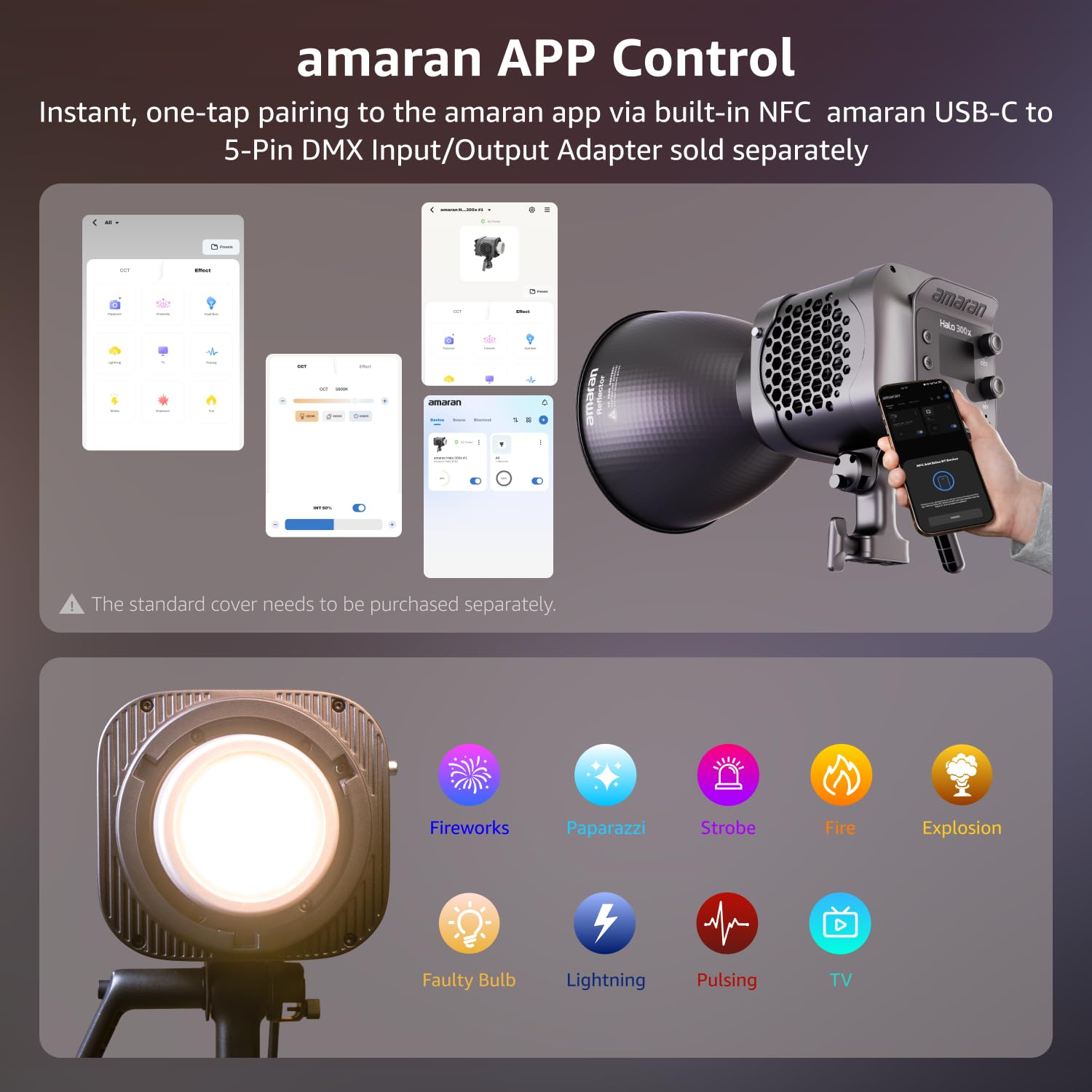 amaran Halo 300x 305W Luz LED COB Bi-Color, 16.200 Lux a 1m, Diseño Monolight con alimentación AC integrada, Montura Bowens Metal, CRI 96+, TLCI 97+, Control DMX y App