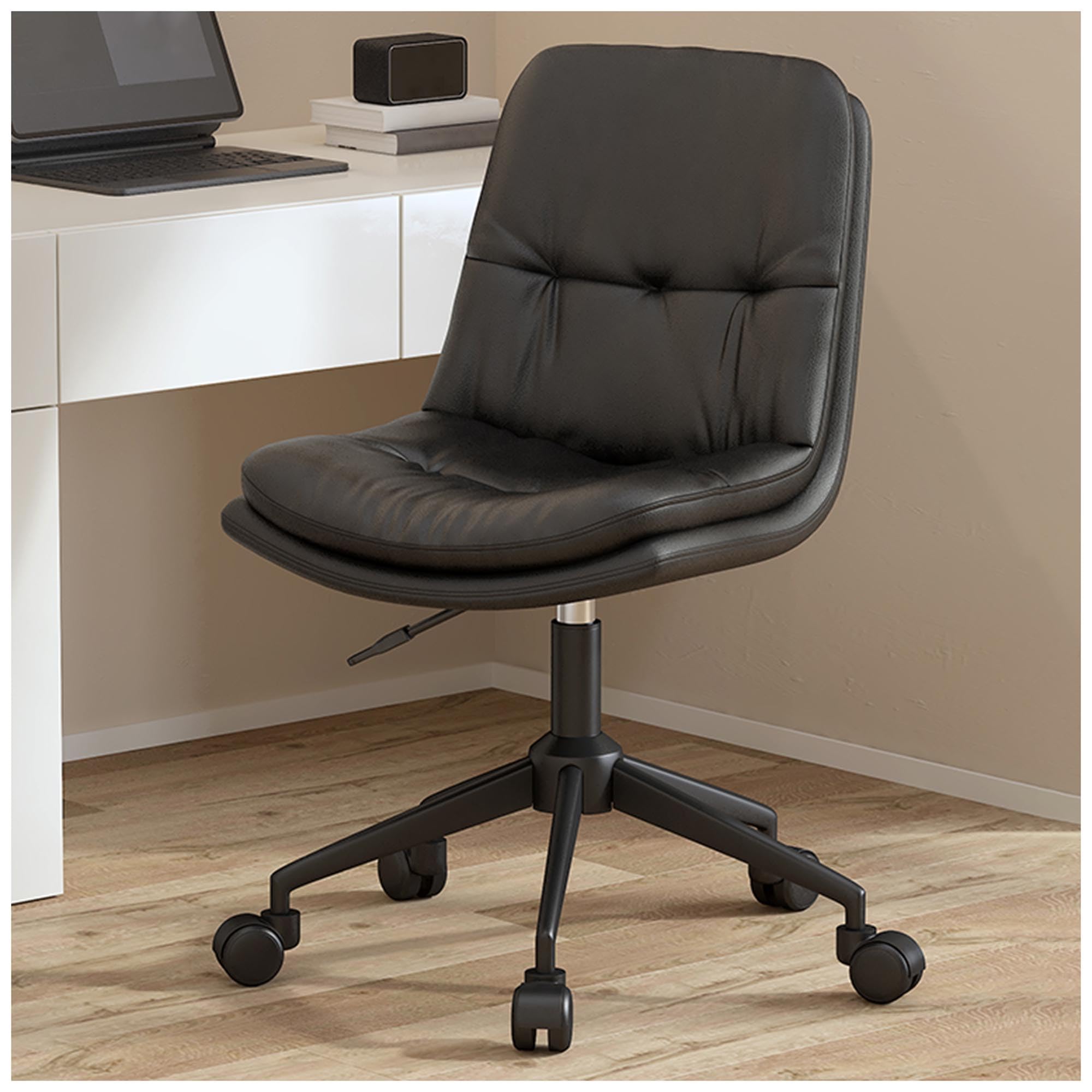 HTTGDGDH Ergonomic Leather Office Chair, 360° Swivel Armless Task Chair, Adjustable Height Rolling Chair For Home & Office, Comfortable Upholstered Desk Seating,