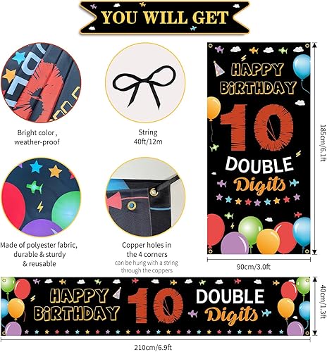 Miniatura 4 de Kit de decoración de telón de fondo para cumpleaños número 10, decoraciones de feliz cumpleaños 10 para niños y niñas, doble dígito para fiesta de
