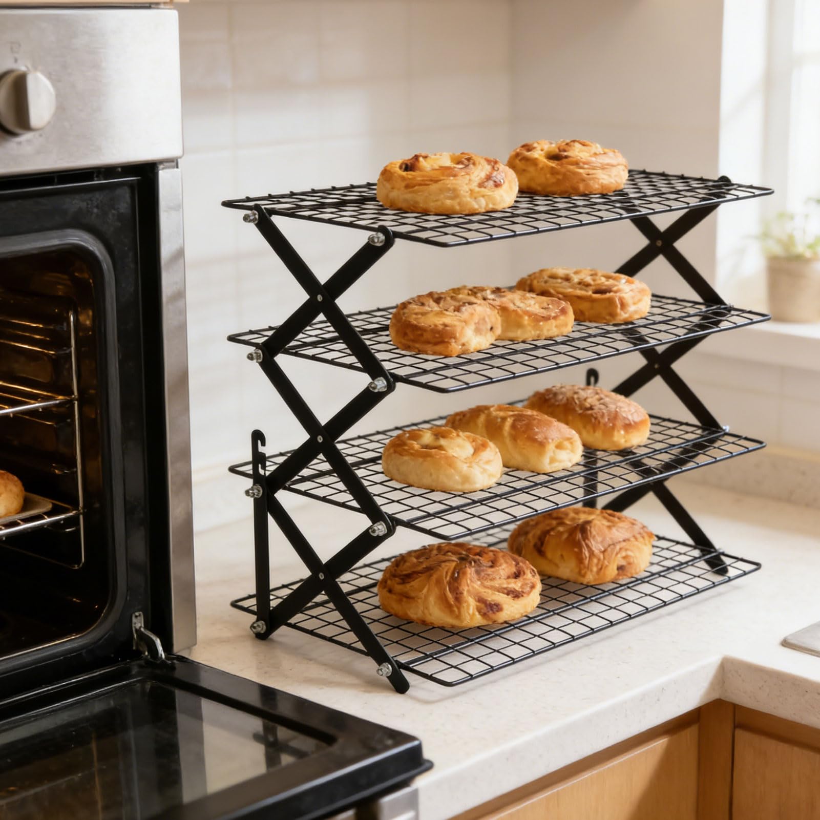 Pssopp Rejilla para Herramientas para Hornear y Repostería, Rejilla de Secado de Cocina de Alambre Ajustable para Galletas, Pizza, Pasteles, Horneado, Enfriamiento Plegable de 4 Niveles de
