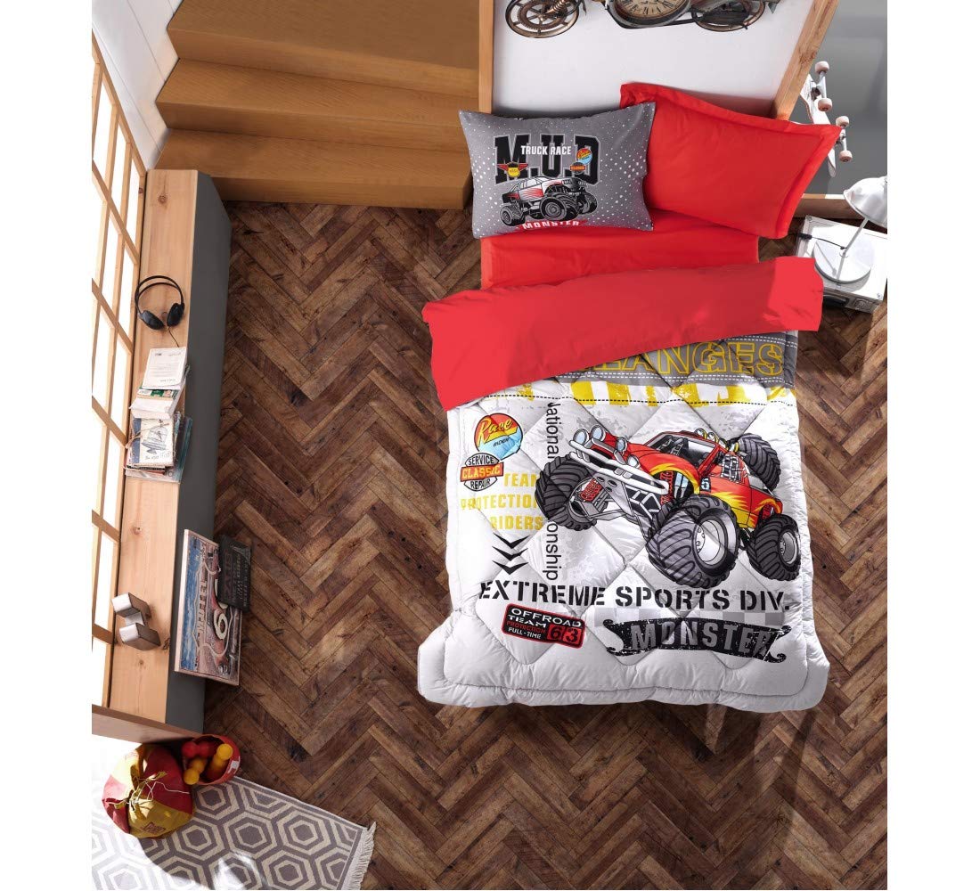 paradise RANFORCE 100% Cotton Comforter Set with Flat Sheet, Extreme Sports Themed Boys Bedroom Set, Twin XL/Twin Size, 5 Pieces, Red