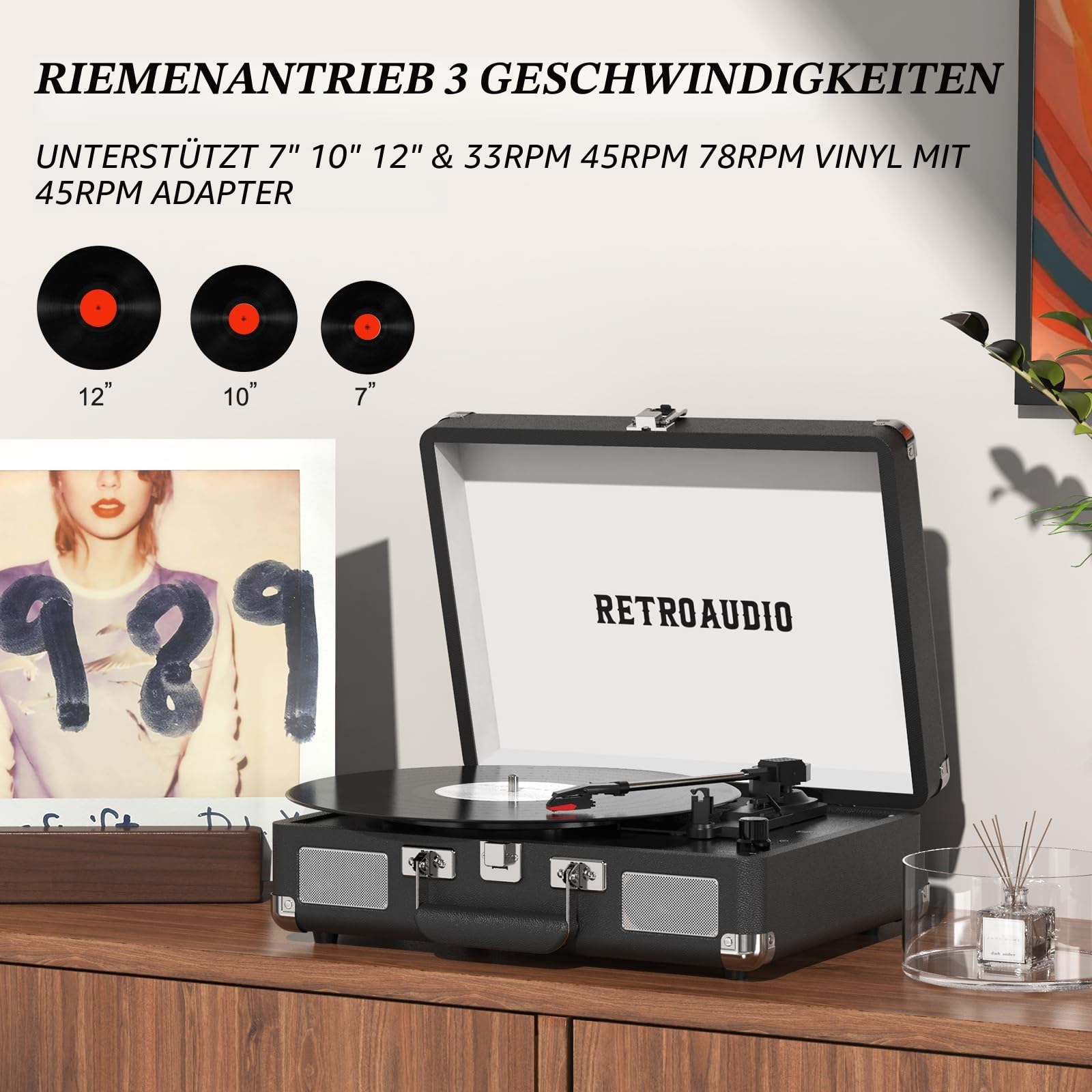Vinyl-Plattenspieler 3-Gang Bluetooth tragbarer Koffer-Plattenspieler mit Riemenantrieb und 2 integrierten Stereolautsprechern Vinyl Vintage-Schallplattenspieler mit RCA-Line-Out, AUX-Out (Schwarz)