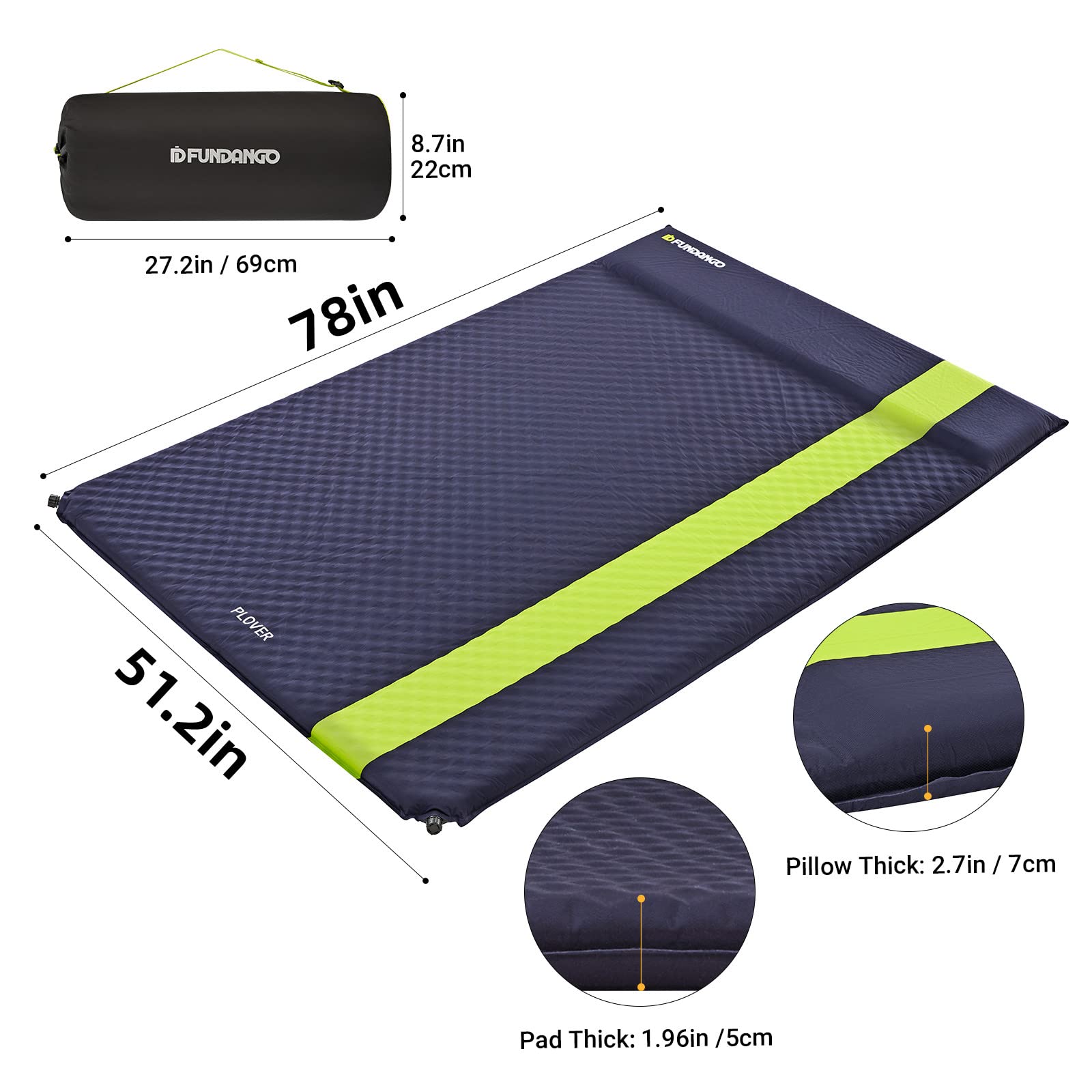 FUNDANGO Self Inflating Sleeping Pad for Camping 2 Person with Pillow, Camping Foam Air Mattress Portable 1.96 Inch Large Size for 2 Person, Navy