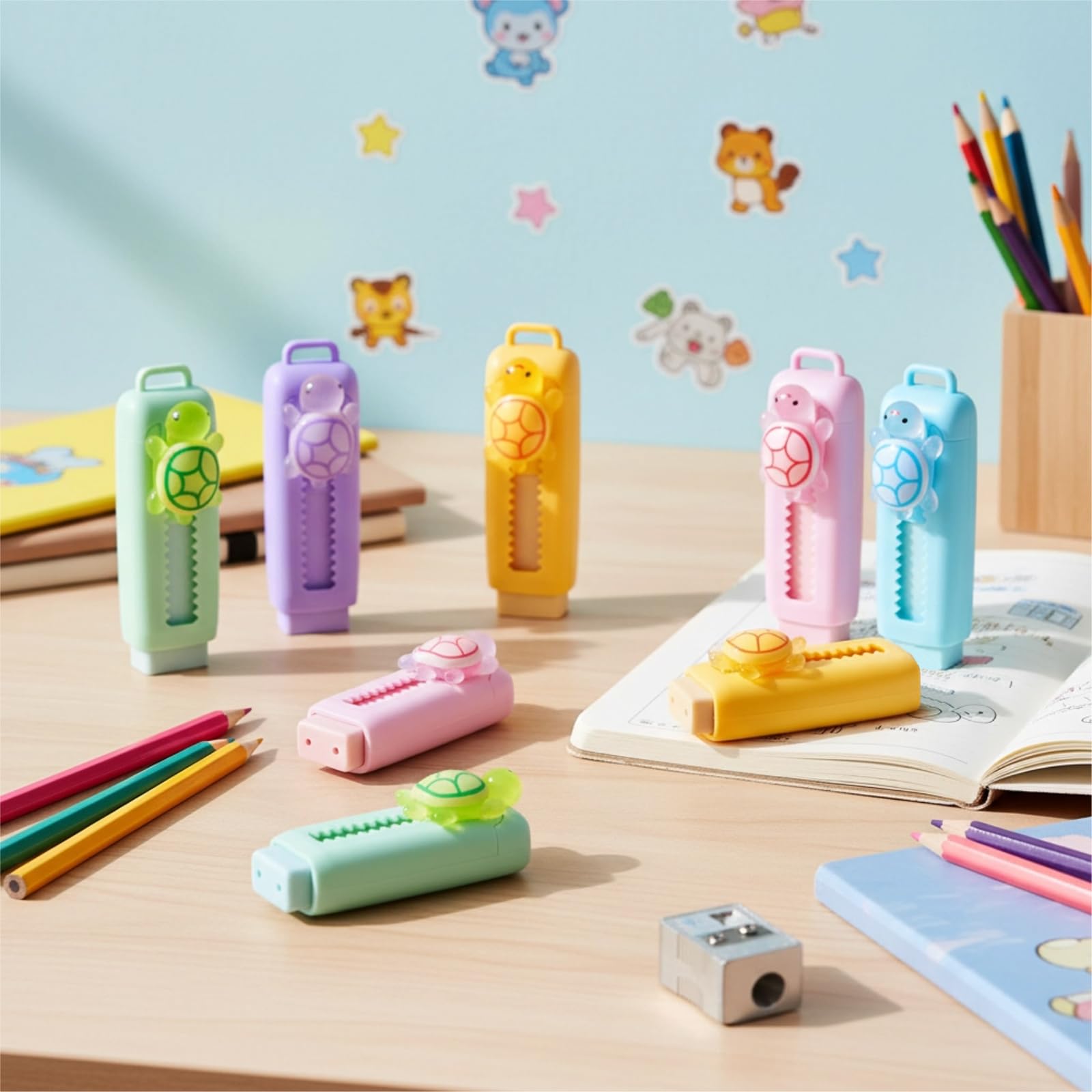 Gomas de borrar retráctiles - 10 unidades, gomas de borrar divertidas con animales, retráctiles, de empuje y tracción, gomas de borrar lindas 4B, para niños, de empuje y tracción, para fiestas de