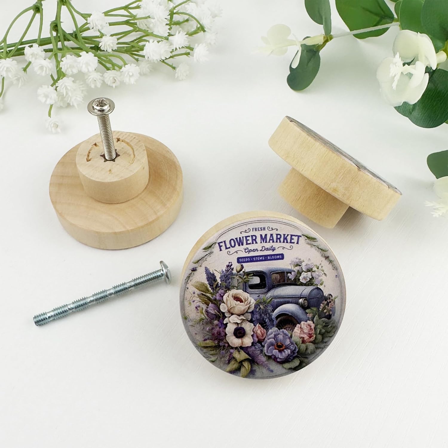 JamJam 8 Pack 1.8" Wooden Rustic Farmhouse Cabinet Knobs Vintage Car Wih Flower Heme Nursery Kids Room Dresser Drawer Knobs and Pulls