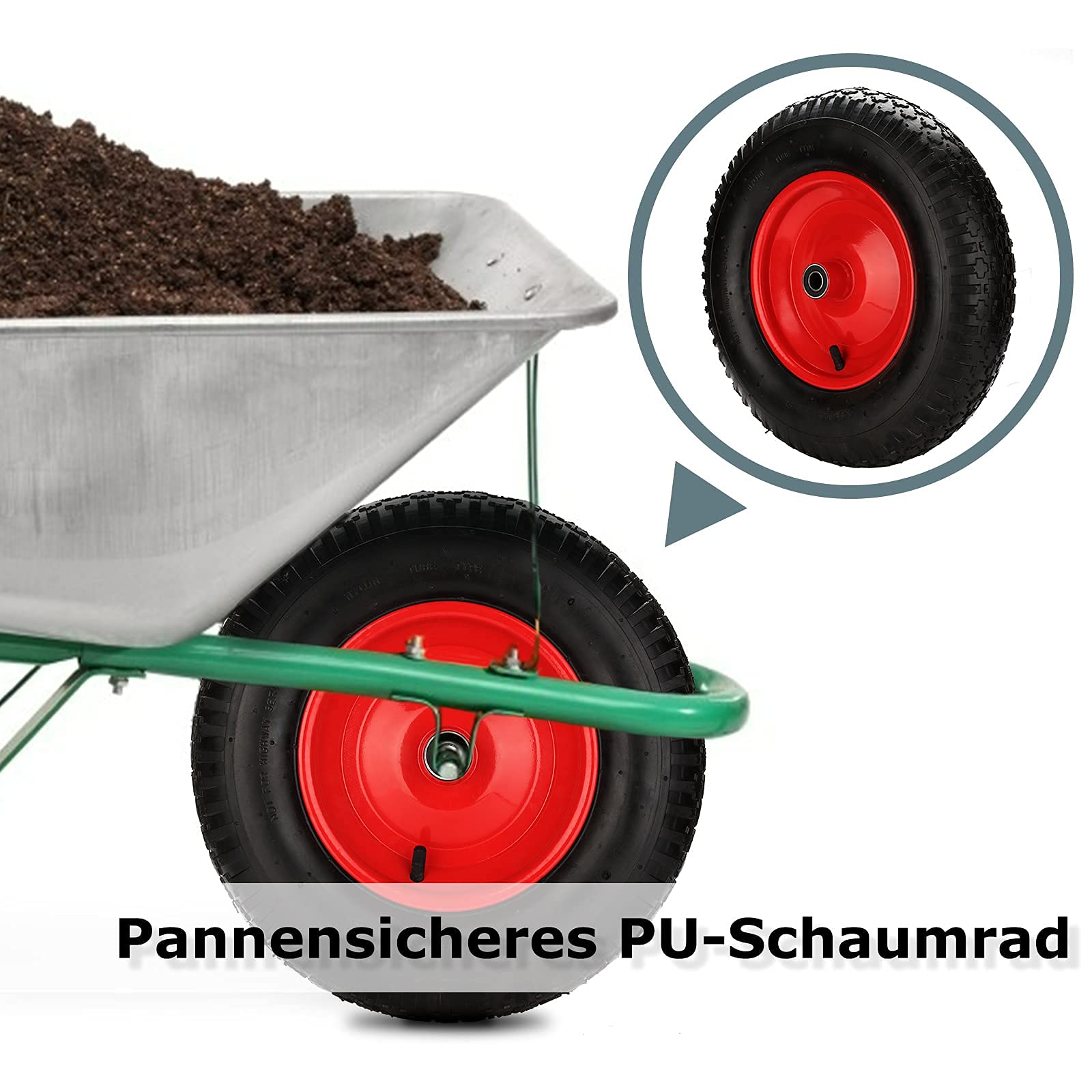Koło do taczki, opony pneumatyczne z osią, 4,80/4,00-8, Ø 390 mm, 200 kg wraz z osią, koło zapasowe, opony do taczki, odporne na przebicie, koła z poliuretanu, zestaw 4 sztuk