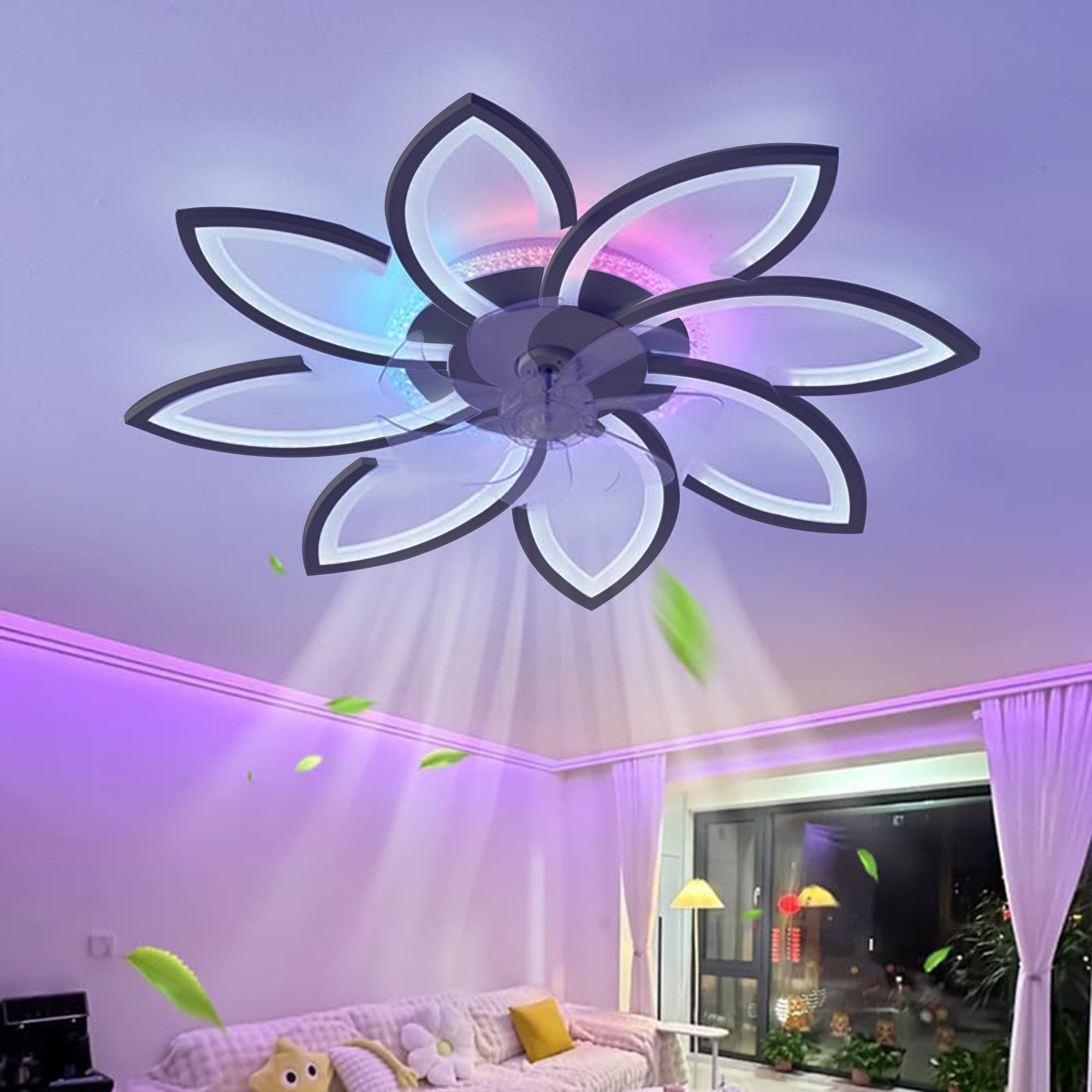 RGB Deckenventilator Mit Beleuchtung Mit Fernbedienung APP Kind Schlafzimmer Lampe Mit Ventilator Reversibel 6-Gang Dimmbar Deckenlampe Mit Ventilator Speicherfunktion Leise Timing Geschenk
