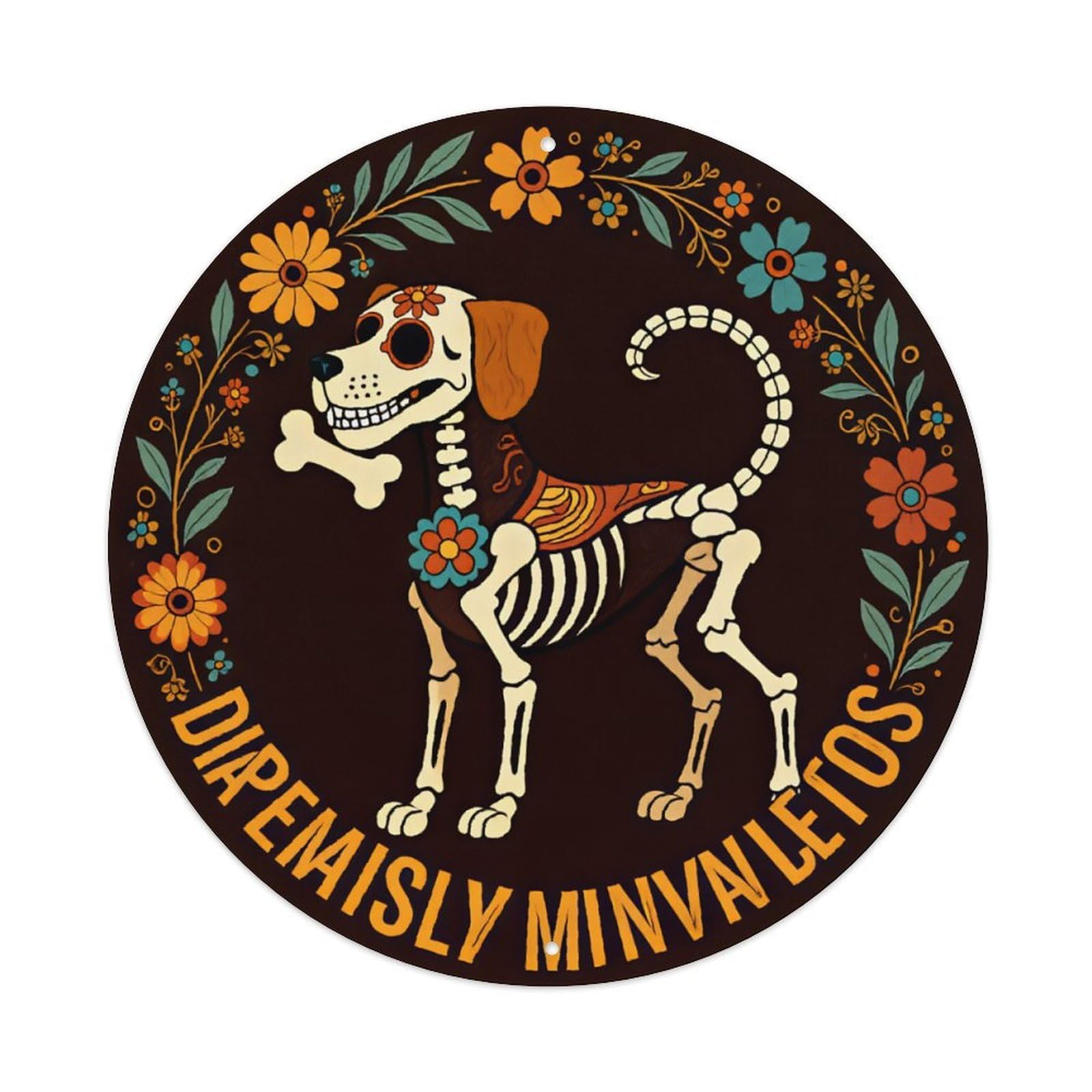 Ldfuieksufg Style Round Mexican Day Of The Dead Floral Skeleton Dog Metal Wall Sign Vintage Aluminium Metal Sign, Retro Wall Decor For Home, Bar, Garage & Farmhouse 20X20cm