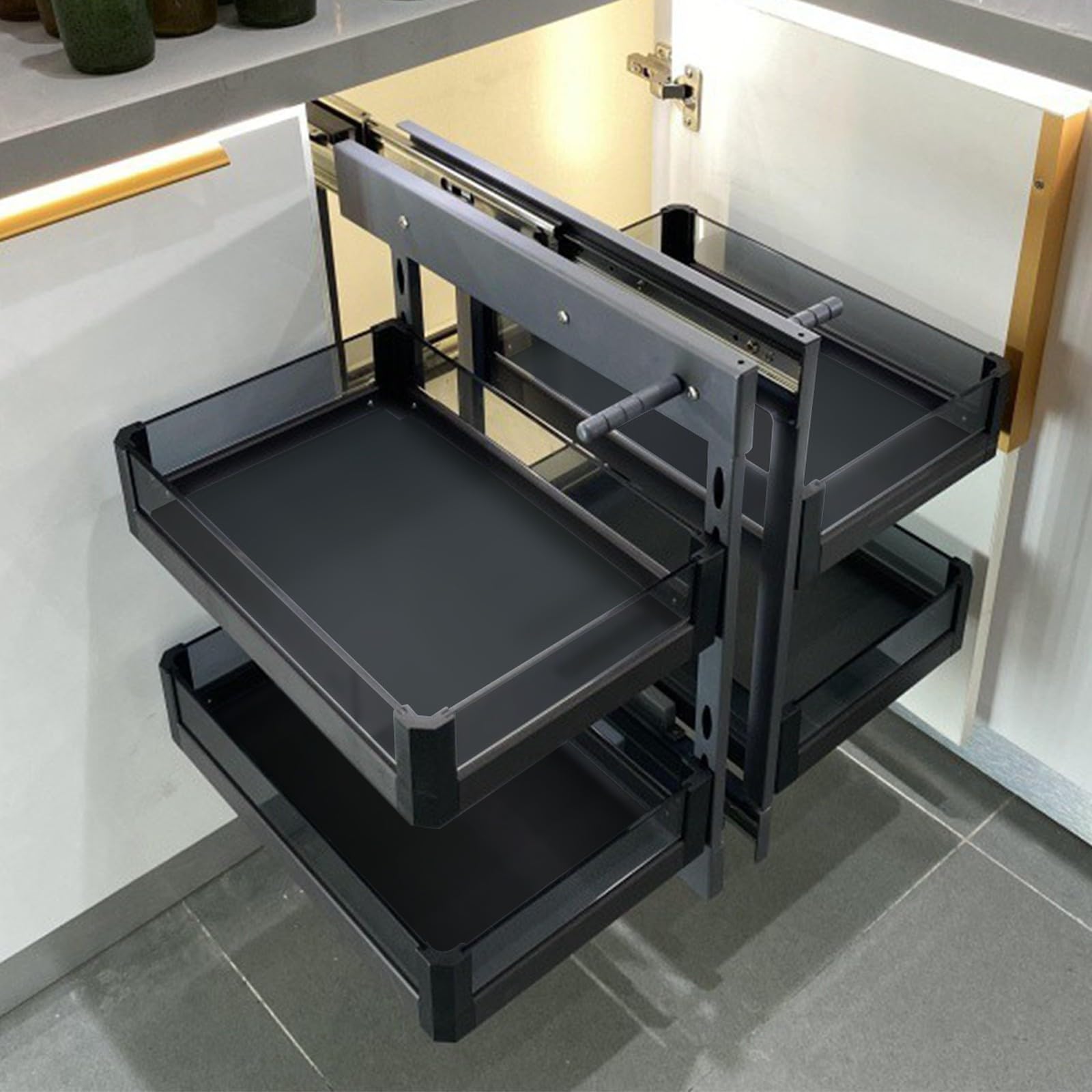 Unità d'Angolo Cucina Estraibile Contenitore Soft Close Home Cabinet Organizer con 4 Cestelli Portaoggetti, Cestello Estraibile Angolare Universale Sinistro e Destro 800, Nero, Acciaio al Carbonio