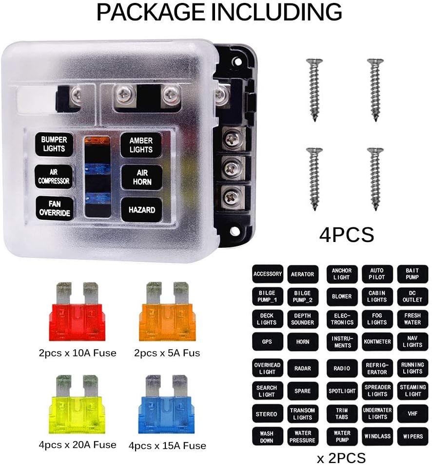 6 Way Fuse Block Blade Fuse Box Holder, 6 Circuit Car Ato/Atc Fuse Block Waterproof with 20Pcs Fuse & LED Indicator & Protection Cover for 12V/24V Automotive Truck Boat Marine Bus RV Van Vehicle : Automotive
