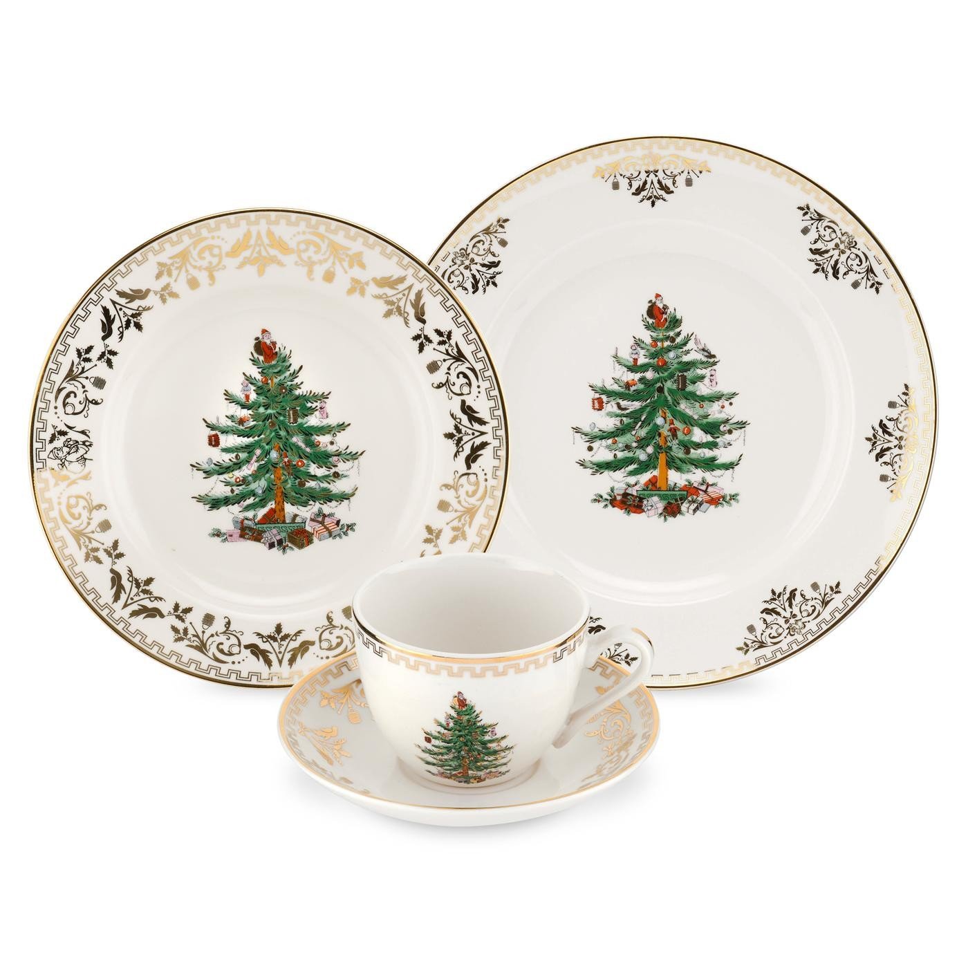 Christmas Tree Gold 4-Piece Place Setting - 7 Oz, Set of 4 | Christmas Dinnerware Set for 4 with Gold Accents, 10" Dinner Plate, 8" Salad Plate, Teacup & Saucer, Porcelain Construction