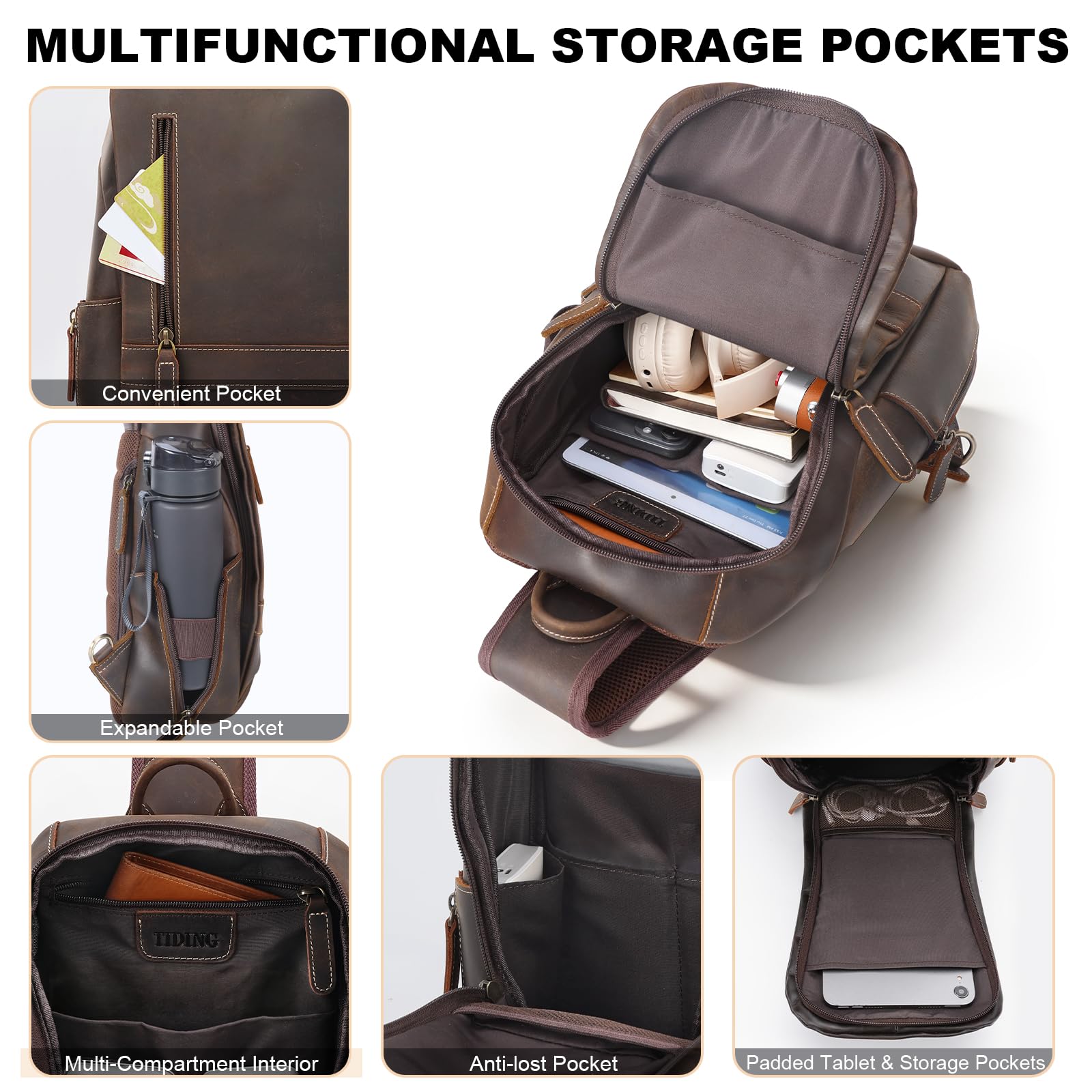 TIDING Brusttasche Herren Klein Leder Crossbody Schultertasche Sling Bag Umhängetasche Anti-Diebstahl Taschen für Outdoor, Camping, Reisen