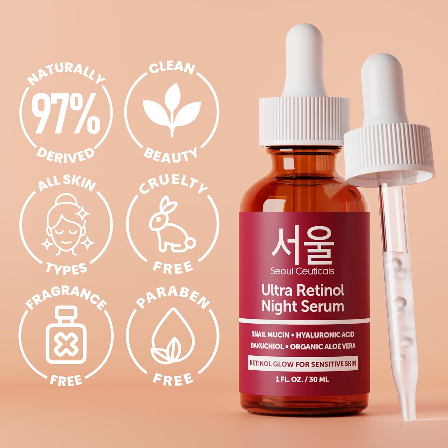 SeoulCeuticals 1% Korean Retinol Night Serum for Face - 97.5% Snail Mucin + Hyaluronic Acid + Bakuchiol, Cruelty Free K Beauty for Sensitive Skin 1oz - Image 5