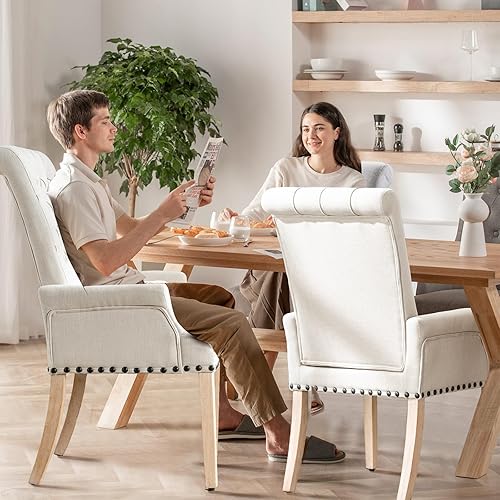 Miniatura 5 de Silla de comedor tapizada copetuda con brazos, respaldo alto, ribete de cabeza de clavo de tela con patas de madera maciza, silla para cocina, sala