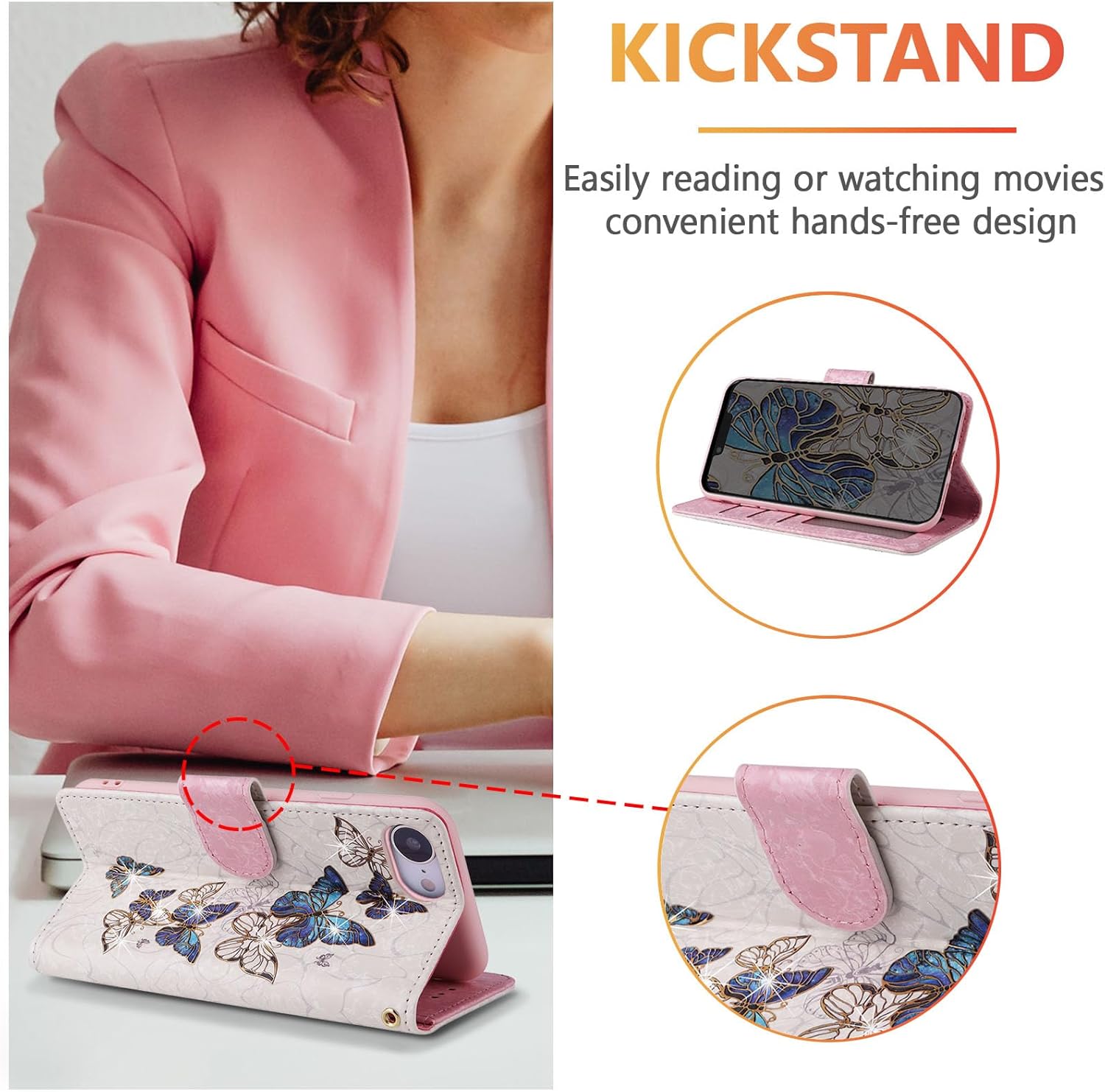 UEEBAI Wallet Case for iPhone 16e, PU Leather Phone Cover Kickstand RFID Blocking Flip Case Card Slots Wrist Strap Relief Engraved Pattern Magnetic Closure Flower Folio Wallet, Blue Butterfly - Image 2