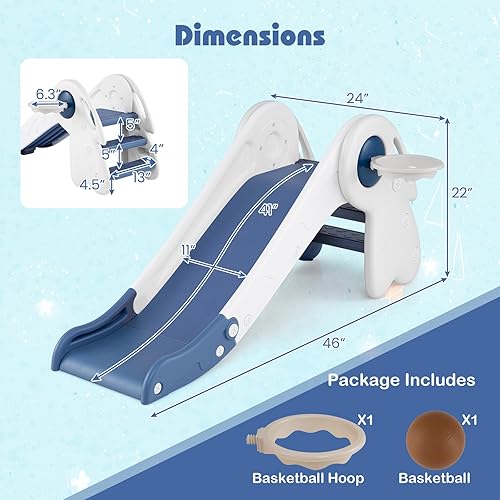 Miniatura 7 de BABY JOY Tobogán 3 en 1 para niños pequeños, tobogán plegable independiente para bebés, juego de escalador con aro de baloncesto y pelota, escalones