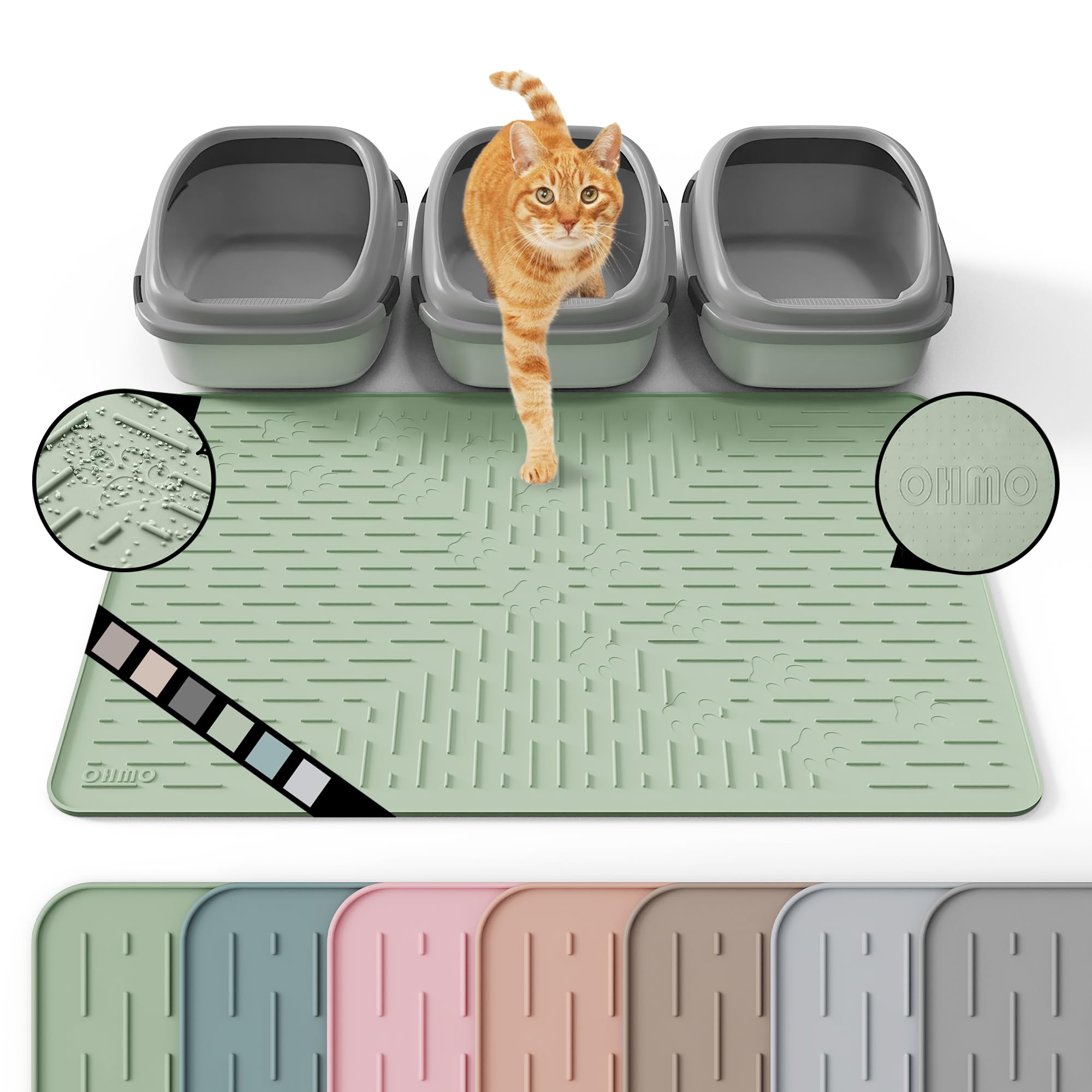 OHMO Tapete XXL para arena de gatos, goma de silicona de alta calidad, 37.5 x 25.2 pulgadas, color verde salvia, impermeable y sin BPA, fácil de limpiar y mantiene el suelo ordenado