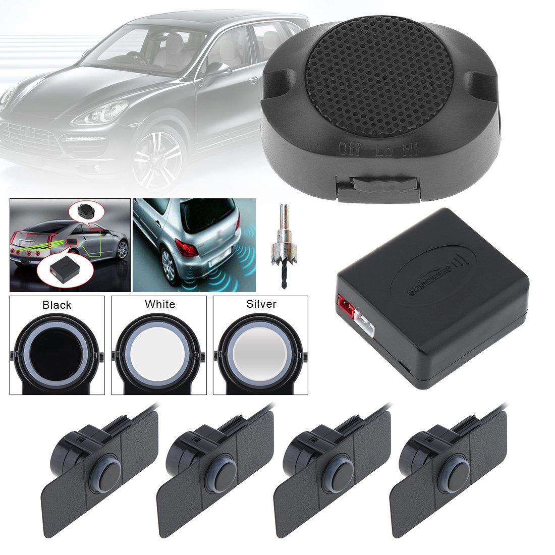 ePathChina Car Rear Reverse Backup System, Auto Vehicle Rear Reversing Radar System with 4 Parking Sensors Buzzer Alarm(Silver）