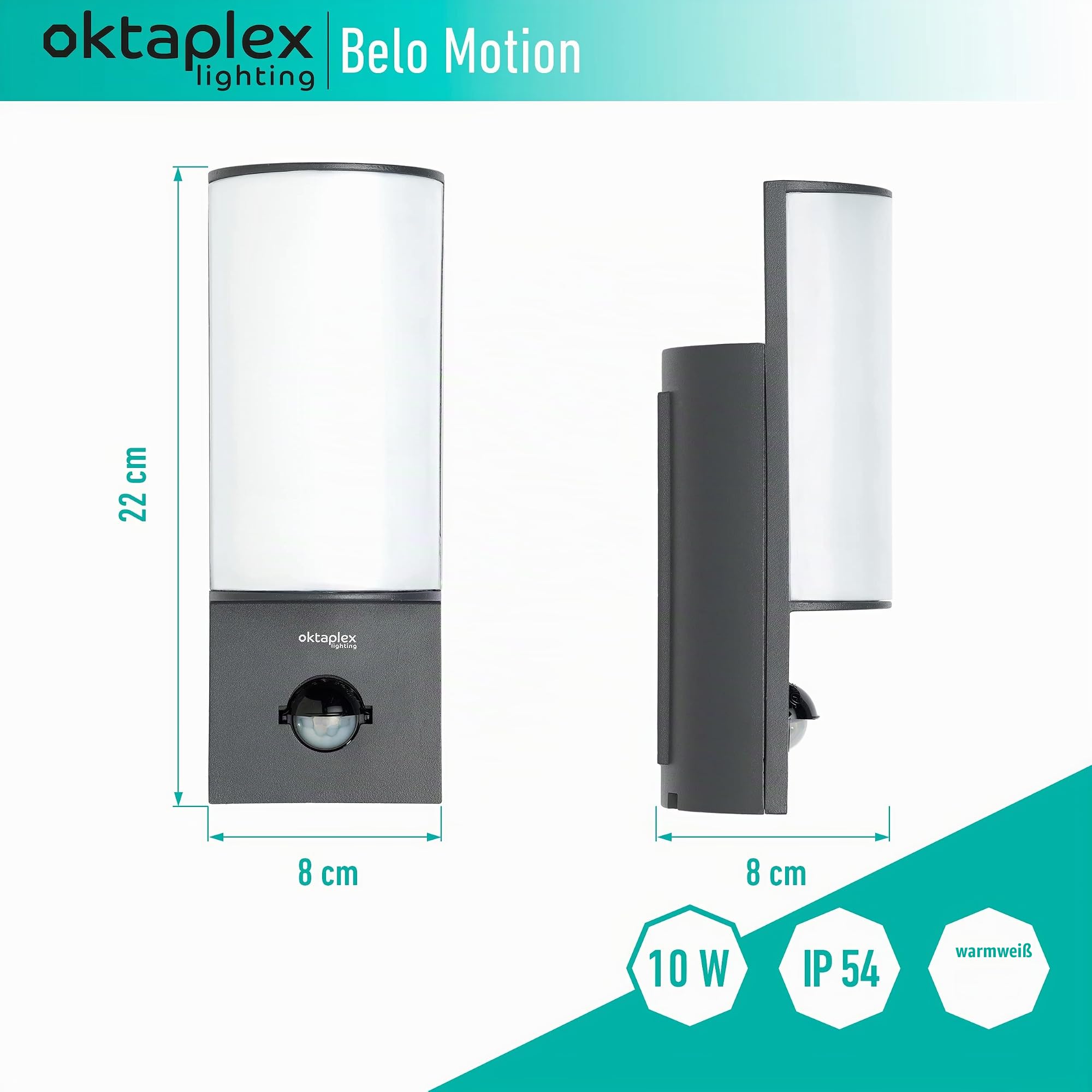 Oktaplex LED Außenleuchte mit Bewegungsmelder Belo 10W IP54 | Außenlampe anthrazit, Wand Außen, Außenwandleuchte Sensor, 3000K Warmweiß