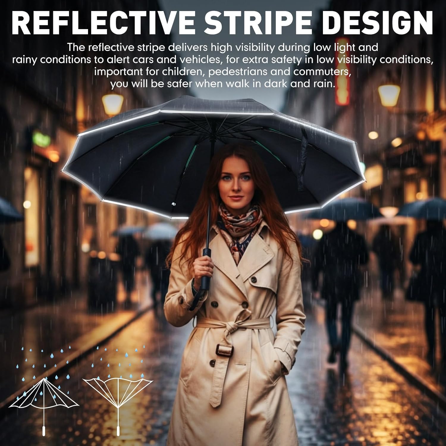 2 Pack Large Windproof Travel Umbrella for Rain & Sun 10 Ribs 42" Inverted Compact Automatic Folding Umbrella Reverse with Reflective Stripe for Women Men Backpack Car Tote with Cover Bag - Image 3