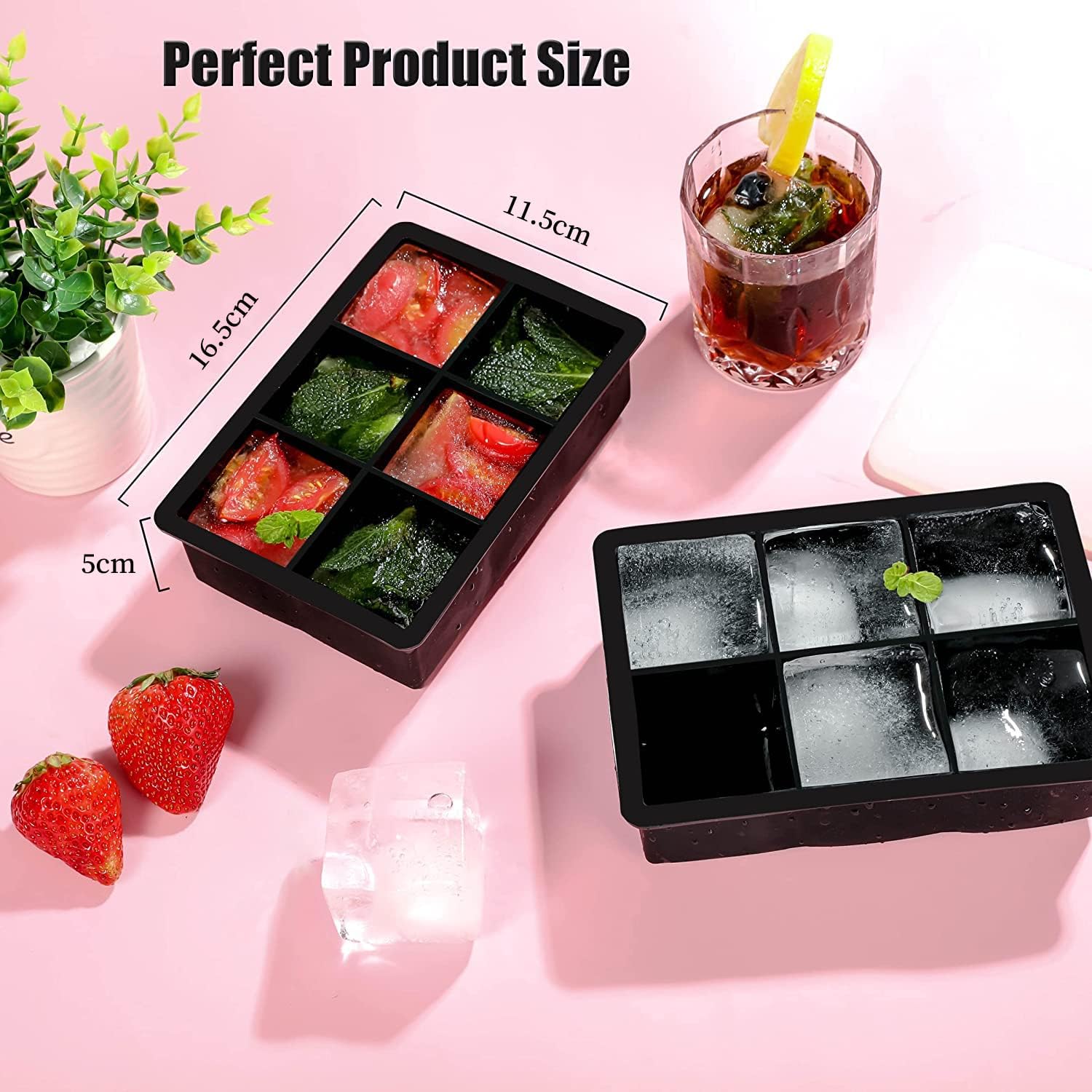 Joyzzz Ice Cube Trays, 6 Büyük Kare Ice Cube Tepsisi, Kapaklı Yeniden Kullanılabilir Silikon Ice Cube Tepsisi, Dondurucu için Buz Tepsileri, Viski, Karışık İçecekler için Kolay Açılan Ice Cube Kalıbı