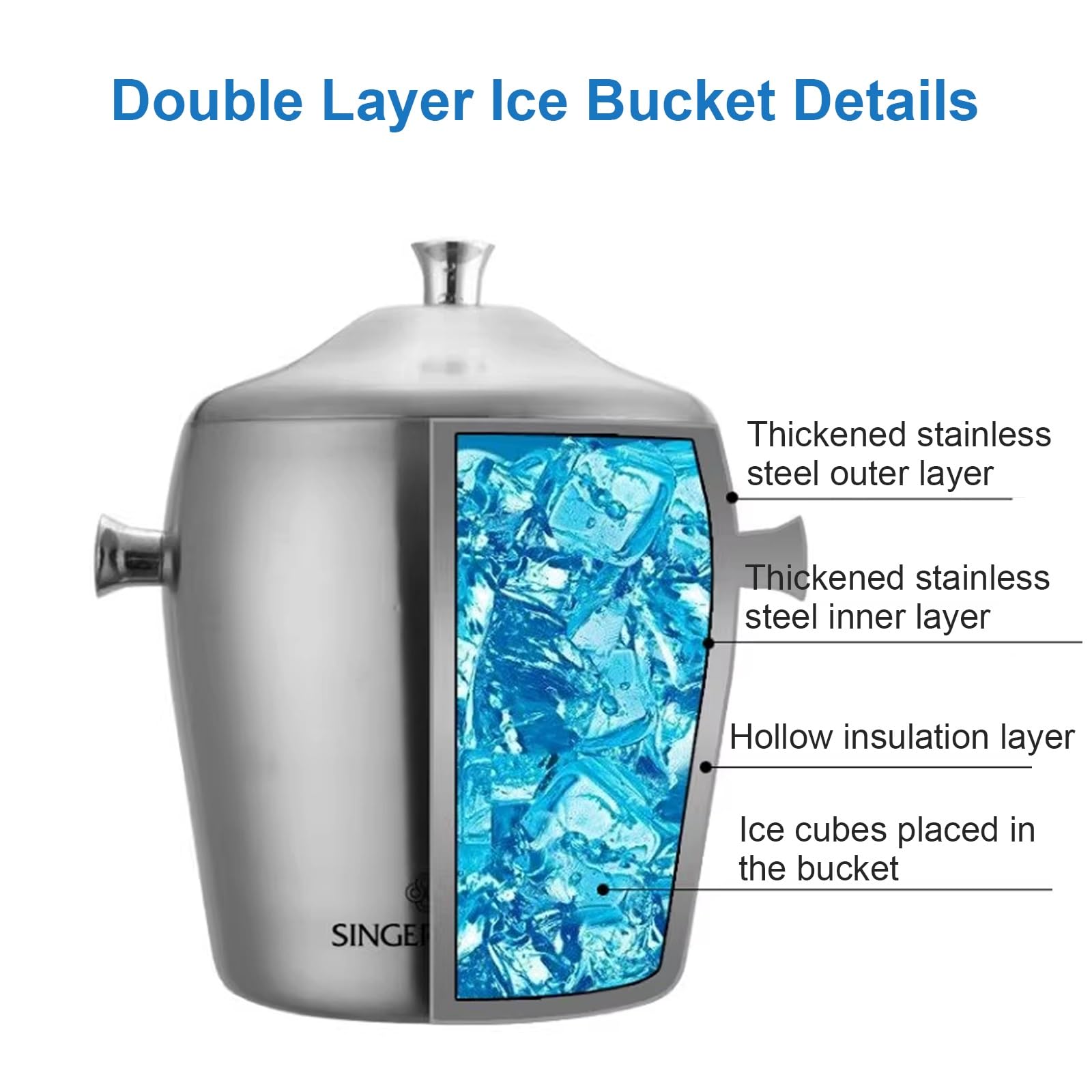 Cubo de hielo con tapa y pinzas, acero inoxidable de doble pared, perfecto para enfriar cerveza, champán, vino y entretenimiento en fiestas en casa, capacidad de 1,2 L/2 L