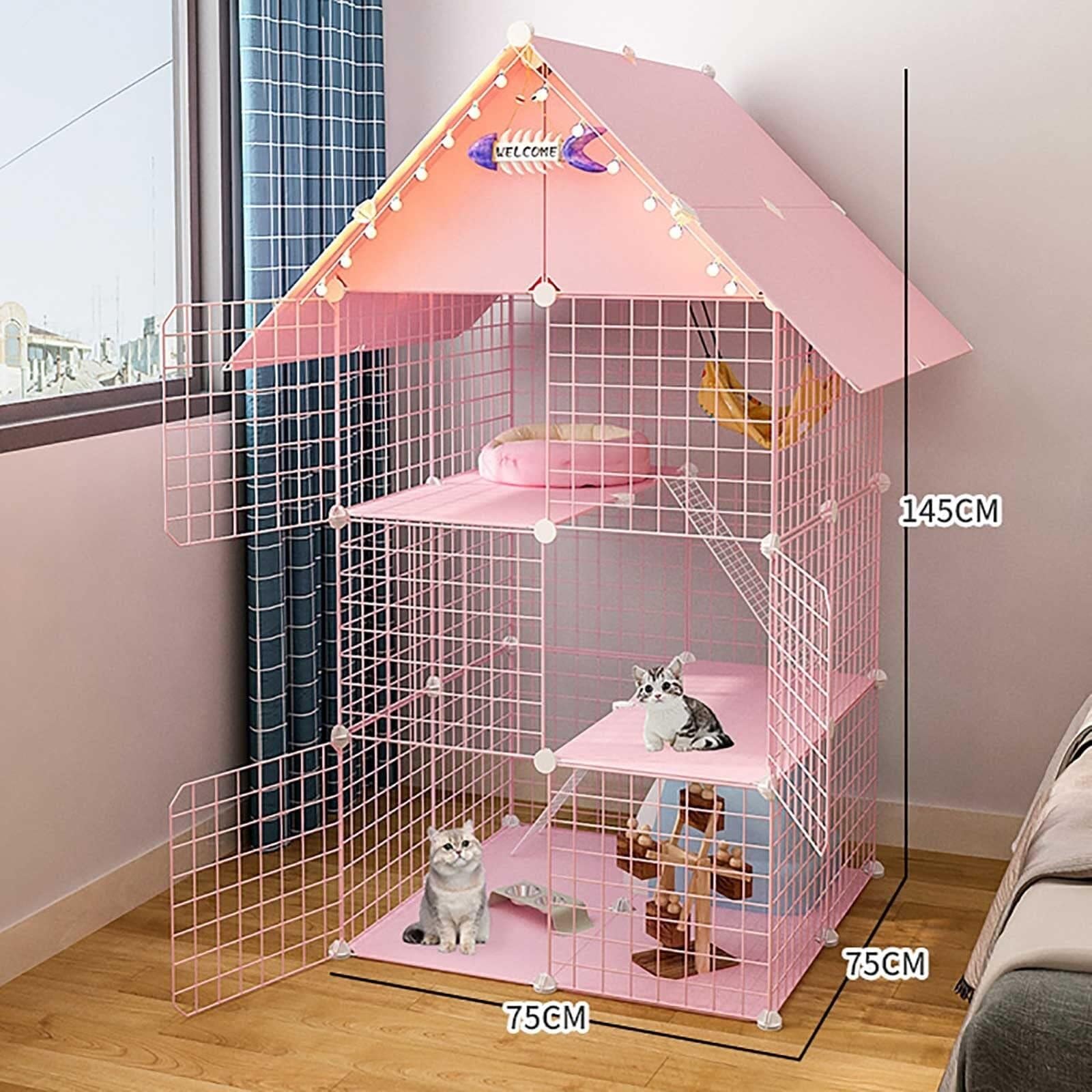 HJMMWT Kojec 3-poziomowe klatki wewnętrzne, półką przechowywania, składana metalowa klatka kota z dachem i drzwiami Zagroda zwierząt Duże miejsce do ćwiczeń, idealne dla 1-3 kotów, różowy-a
