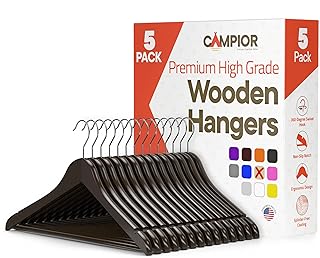 Vintage Wooden Hangers 5 Pack – Heavy-Duty with 360° Swivel Hook, Non-Slip, Pants Bar & Shoulder Grooves - Wooden Hangers for Suits, Jackets, Dresses & Camisoles, Space-Saving and Smooth Finish