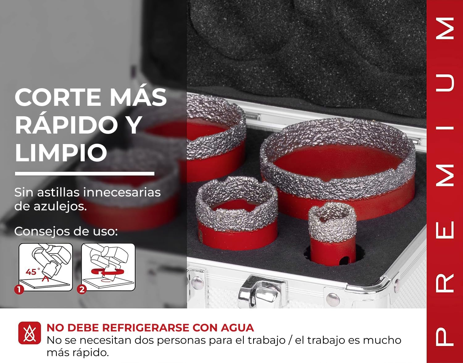 STREND PRO Set de Coronas Diamantadas para Azulejos, Vidrio y Gres | 20-35-45-55-68 mm | Rosca M14 para Amoladora Angular | Maletín de Aluminio | Cerámica, Granito y Piedra | Corte Rápido