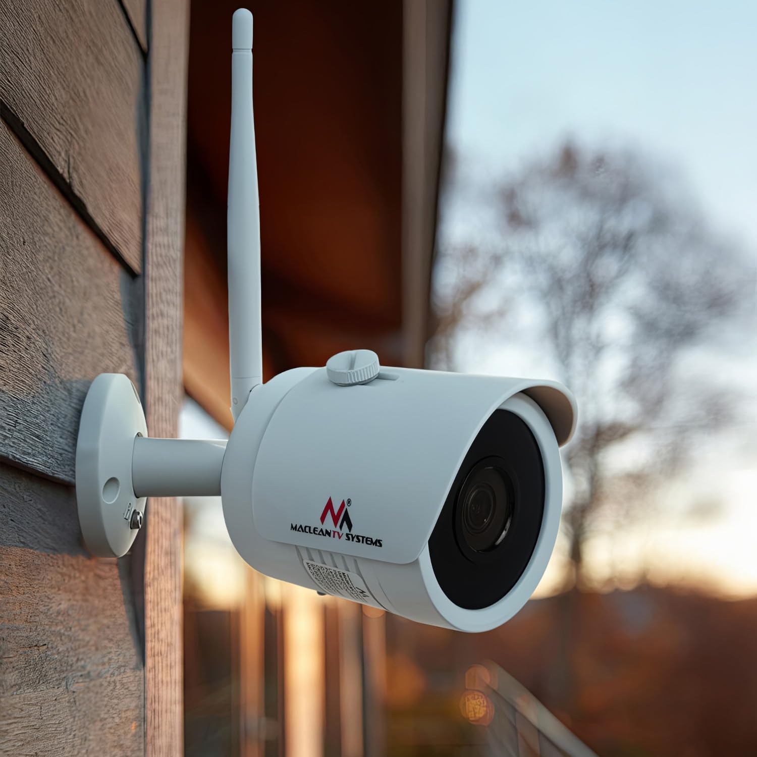 Maclean MCTV-516 camera mounted on a wooden exterior wall.