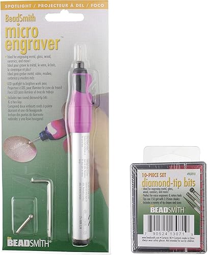 Miniatura 6 de The Beadsmith Juego de grabador  Micro grabador a batería con foco y 2 puntas redondas de diamante  10 puntas de diamante  Ideal para grabar en