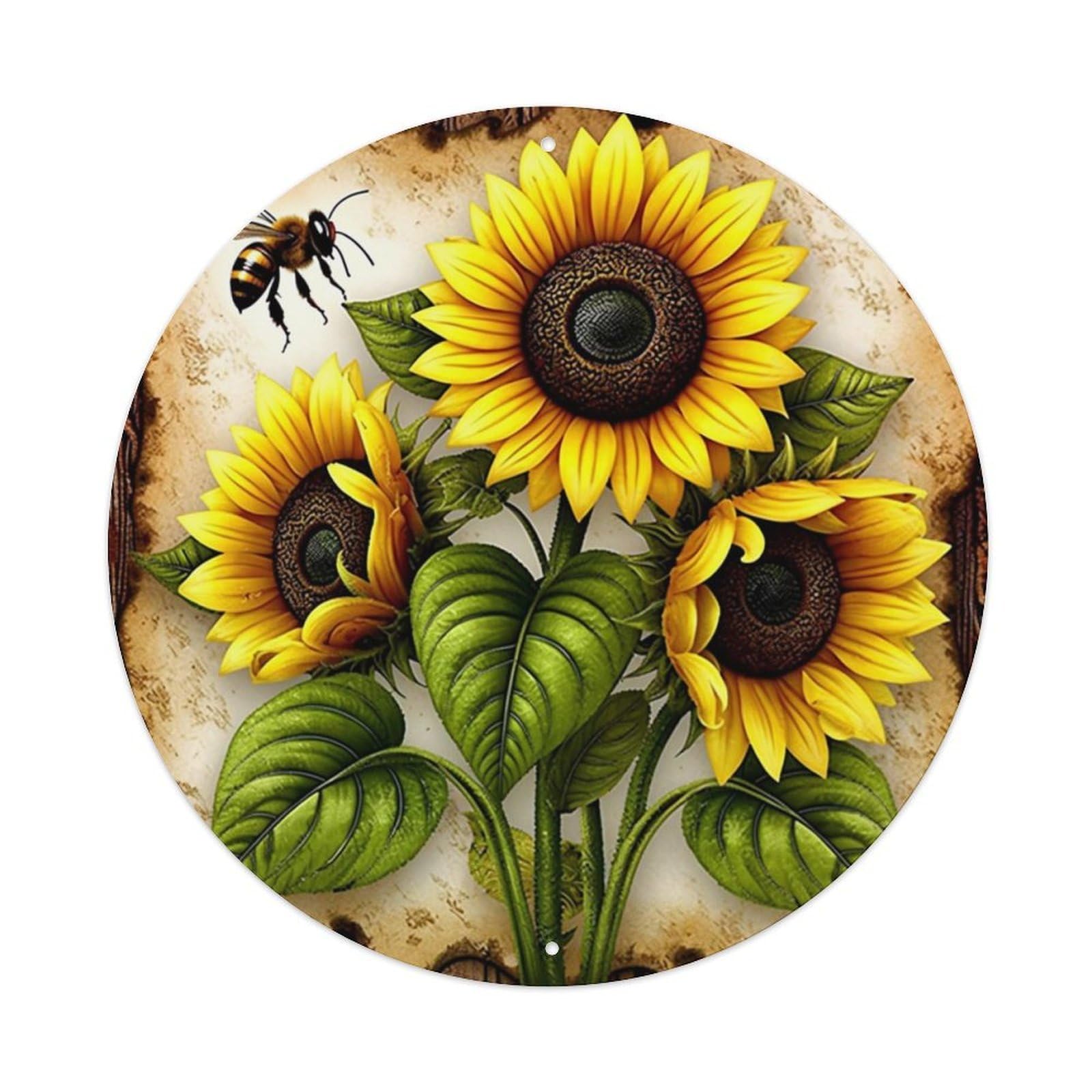 Sunflower Bee Leaves Pattern Art Round Metal Tin Sign Vintage Wall Decor, Bar Garage Cafe Kitchen Home Wall Art Poster 8x8inches