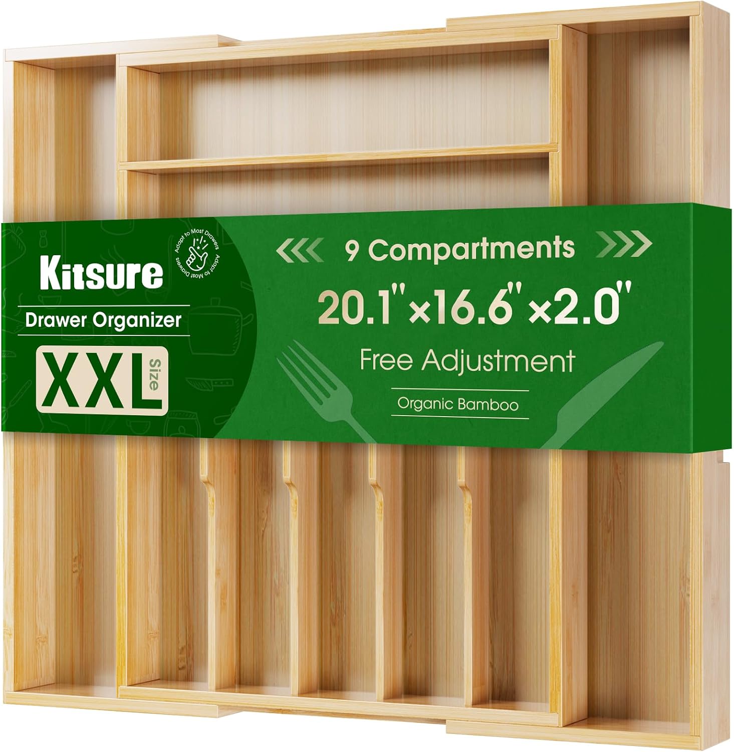 Kitsure Silverware Organizer - Expandable Bamboo Kitchen Drawer Organizer for Cooking Utensils and Cutlery, Sturdy & Thickened Kitchen Organizers and Storage Solution, XX-Large, Natural