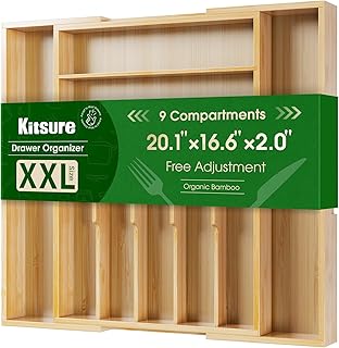 Kitsure Silverware Organizer - Expandable Bamboo Kitchen Drawer Organizer for Cooking Utensils and Cutlery, Sturdy & Thickened Kitchen Organizers and Storage Solution, 20.1"×16.6"×2.0"