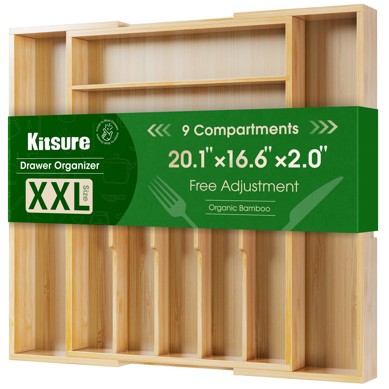 Kitsure Silverware Organizer, Bamboo Kitchen Drawer Tray, Natural, XX-Large