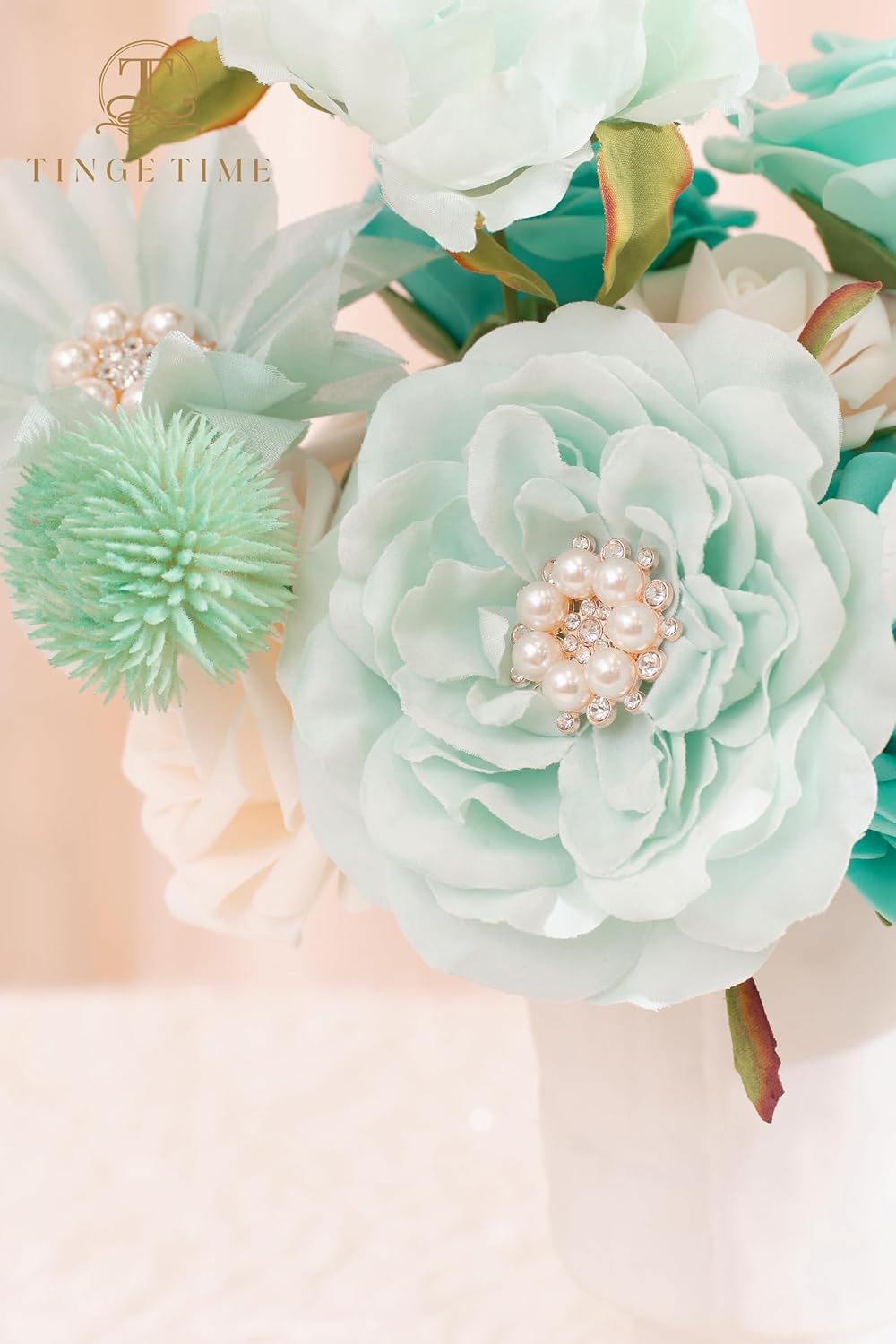TINGE TIME Artificial Flowers Combo Mix Silk Flowers Teal Green Roses w/stem for DIY Wedding Bridal Bouquets Baby Shower Floral Arrangement Table Centerpieces Home Decorations (TealGreen&Champagne) - Image 7