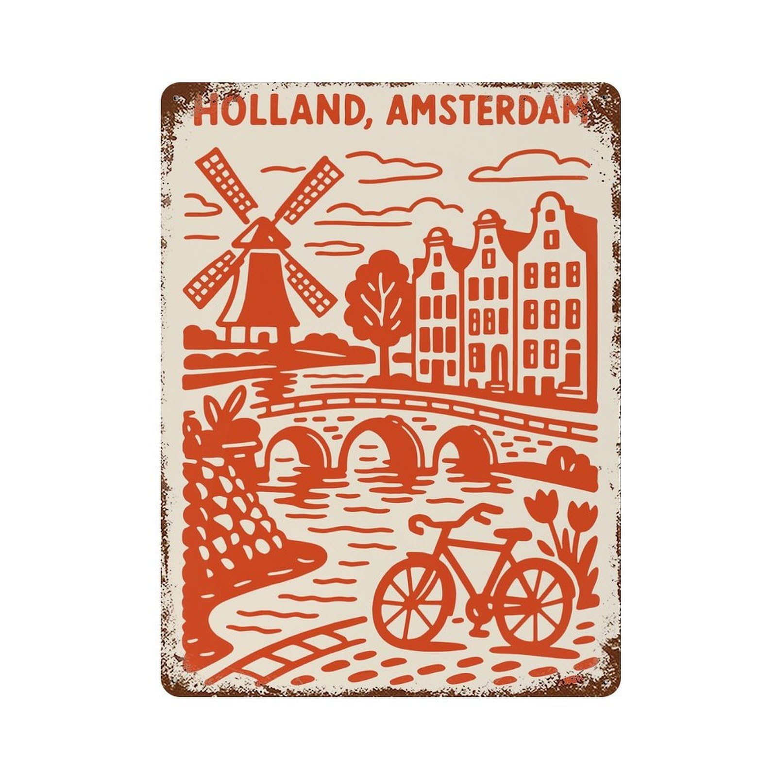 Holland, Amsterdam Illustration Vintage Metal Tin Sign 15.7"x11.8", Rustic Home Decor for Garage, Bar And Workshop Decor