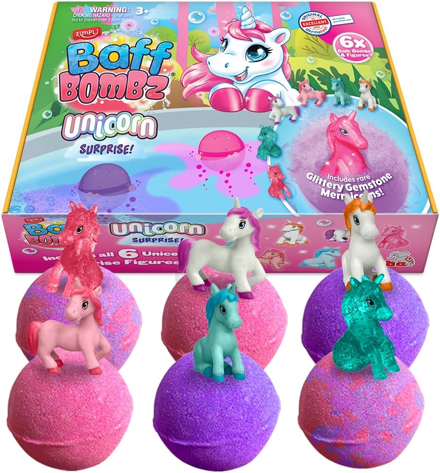 ZIMPLI - 6 x Large Unicorn Surprise Bath Bombs, 6 Surprise Unicorn Toys Included, Bath Toys for Girls, Bubble Baff Bomb Gift Set, Xmas Gift