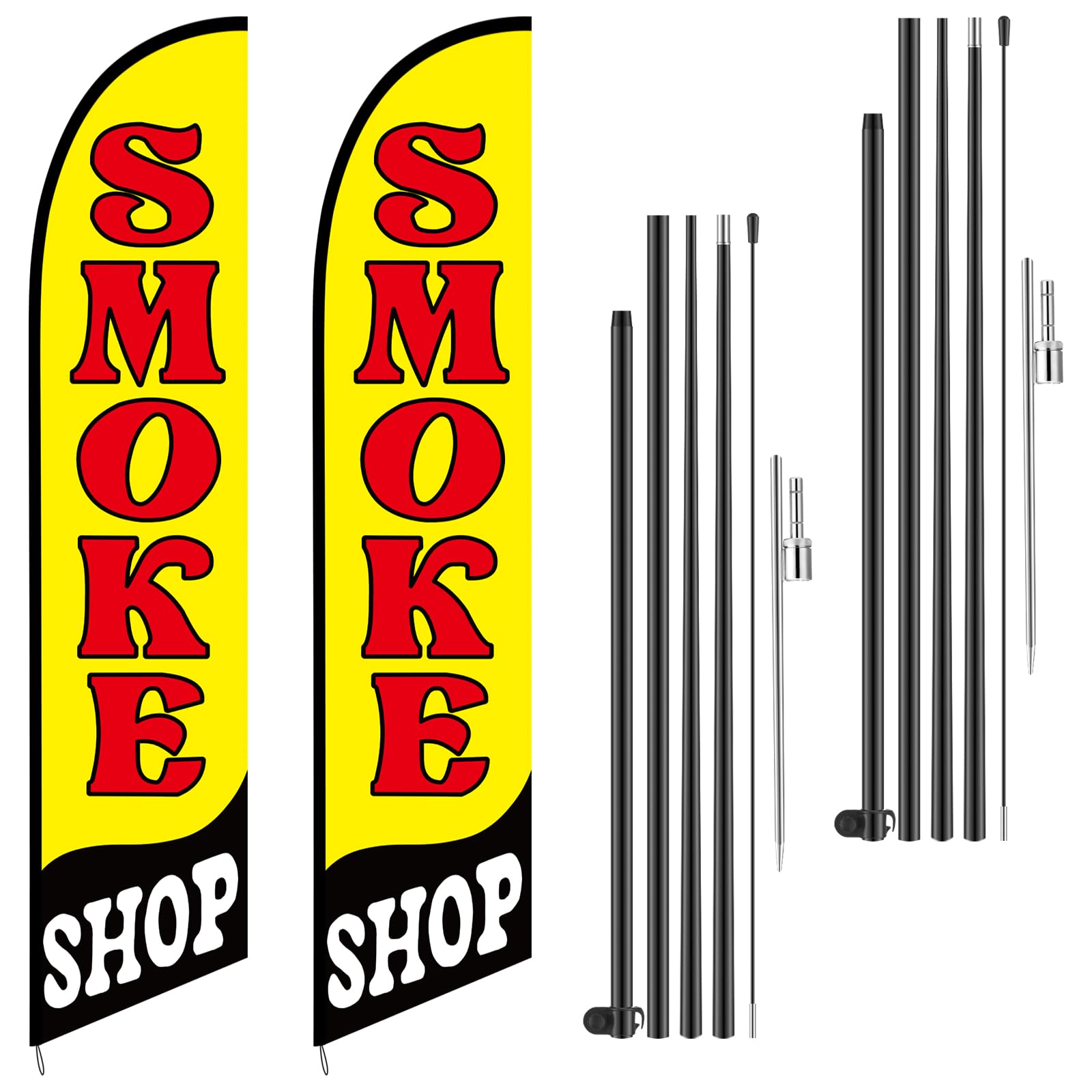 Windkream 2 Set Smoke Shop Feather Flag Pole Kit Smoke Shop Sign Banner Advertising Feather Banner for Outside Outdoor Business Decoration(15 ft)