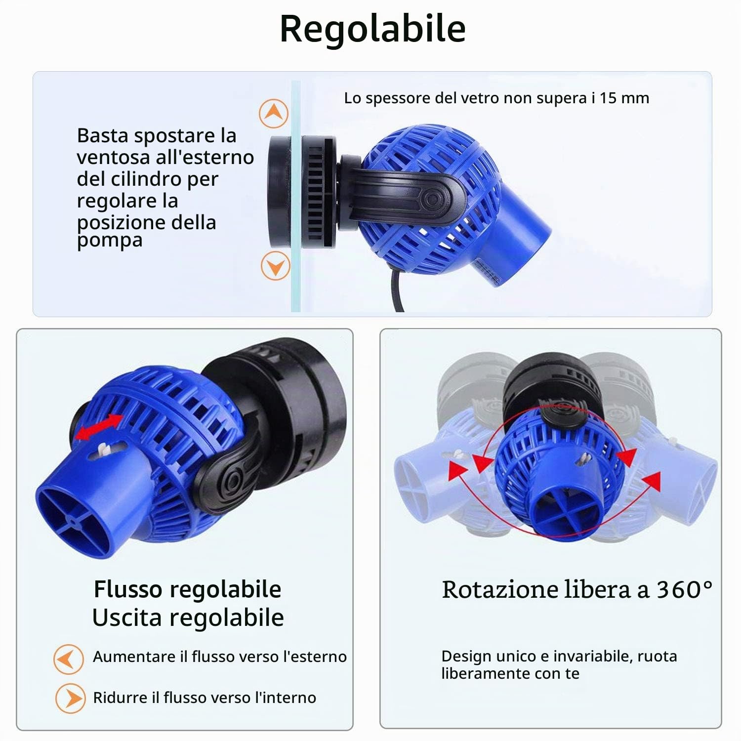 EXLECO Pompa di Movimento Acquario 6000L/H 8W Pompe di Flusso, Pompe Circolazione Onda Wave Maker JVP-131 Nessun Rumore, Rotazione a 360°, per Acquari d'Acqua Dolce e Salata di 80~100 cm