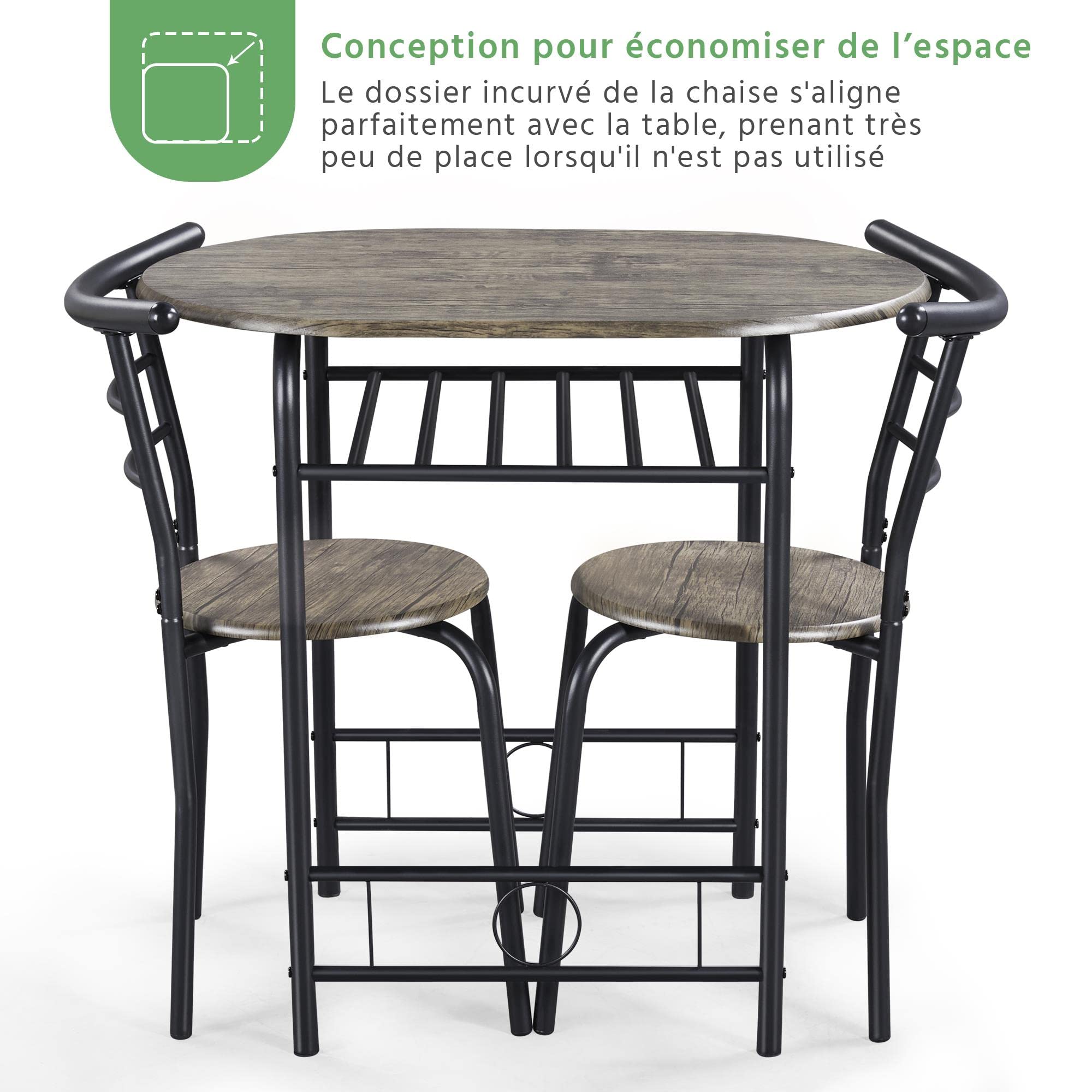Yaheetech Ensemble de Table à Manger avec 2 Chaises, Ensemble de Meubles 3 pièces de Cuisine avec Porte-Bouteilles, pour Petit Espace, Jardin, Studio Grain de Bois Gris Foncé et Noir