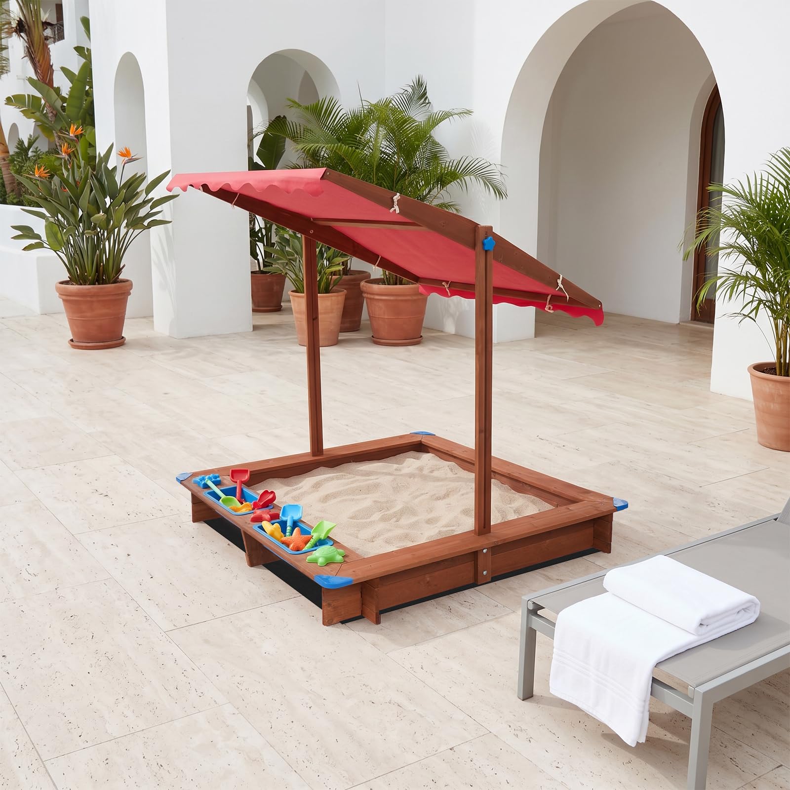 Sandkasten aus Massivholz,Tragfähigkeit Etwa 100kg,3-14 Jahre alt,Rot | Holzsandkasten Mit Abdeckung,126*121*118cm,für Hinterhöfe, Gärten, Terrassen, Strände oder Spielplätze im Freien