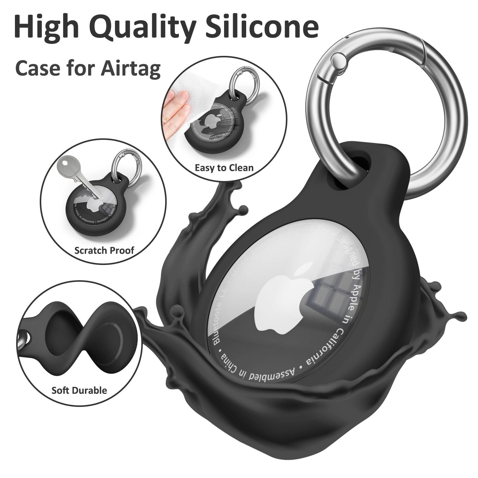 Wanme Airtag Porte Clé IP67 étanche avec Couvercle, 4 Pièces Étuis pour Apple AirTag, Étui Airtag Antichoc, Antiperte et Anti-Rayures, Compatible pour clés, Animaux, Bagages (Noir/Noir/Noir/Noir) - 5