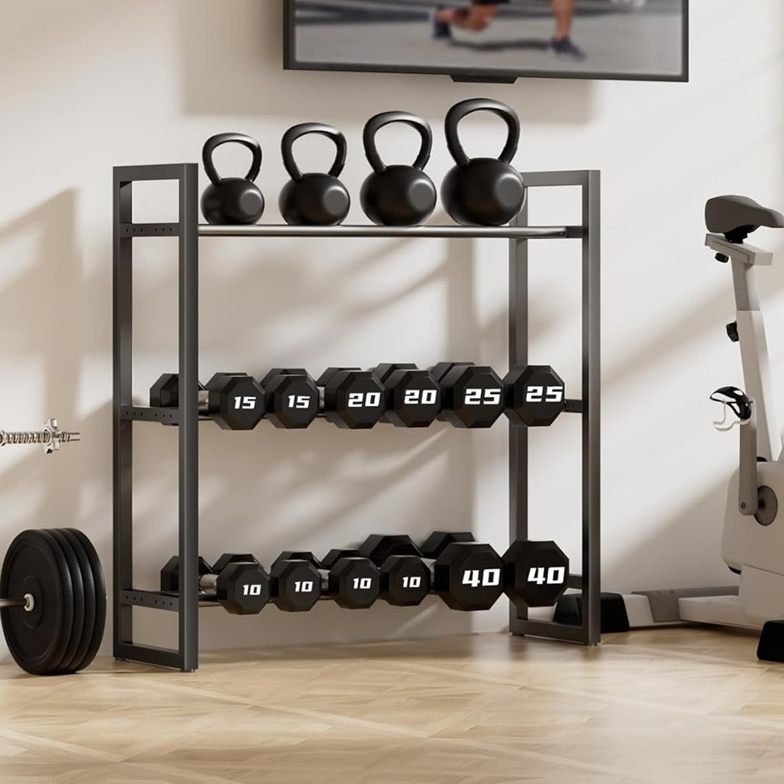 3-poziomowy metalowy stojak na hantle, oszczędność miejsca, przechowywanie hantli, kettlebellów, mat do jogi i piłek do ćwiczeń, wszechstronna domowa siłownia i półka treningowa