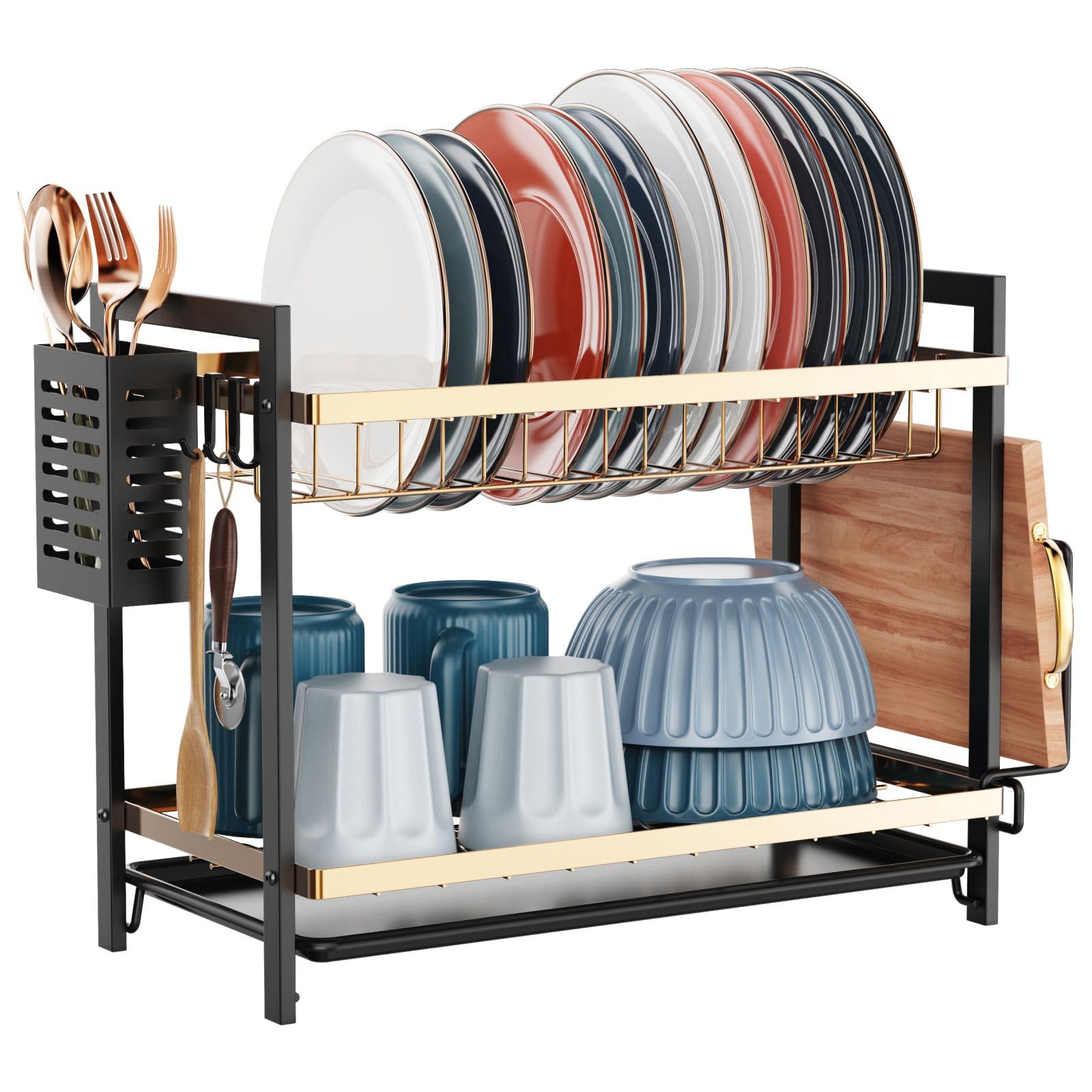 iSPECLE Stylish 2 Tier Dish Drainer Rack - Black & Gold Dish Drying Rack with Drip Tray, Cutlery Basket & Chopping Board Holder, Rust-Resistant for Kitchen Worktop, Modern Design