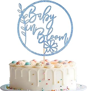 Baby in Bloom Cake Topper Sky Blue Gold Glitter Flower Cake Decoration for Flower Themed Party Gender Reveal Parties Baby Shower Cake Decor